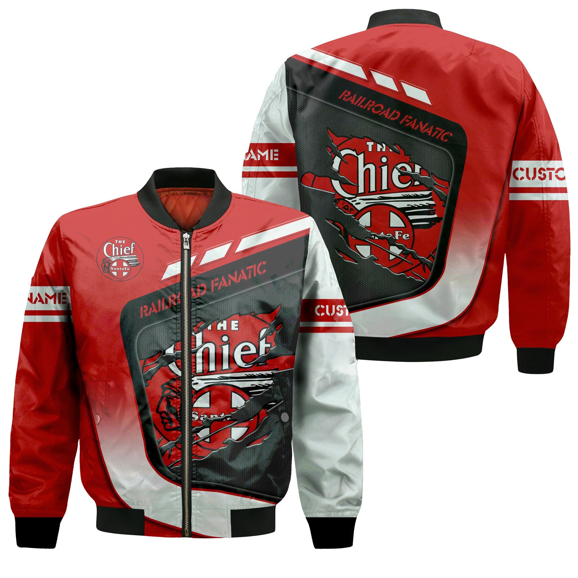 Railspirit Personalized The Chief Santa Fe Railroad Bomber Jacket Ripped Texture Style Train Jacket For Railroad Fanatic