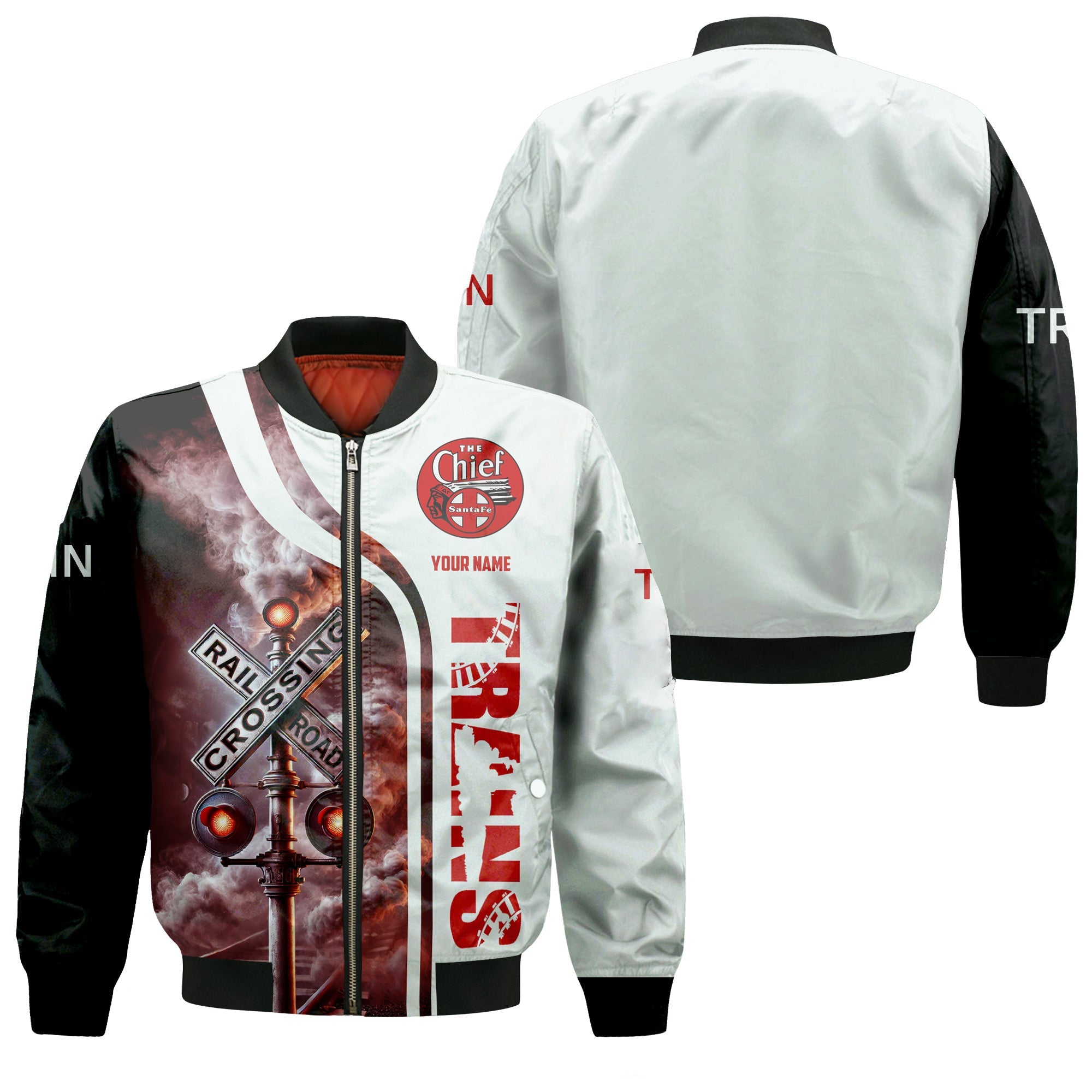 Railspirit Personalized The Chief Santa Fe Railroad Bomber Jacket Railroad Crossing Sign Train Bomber All Over Print