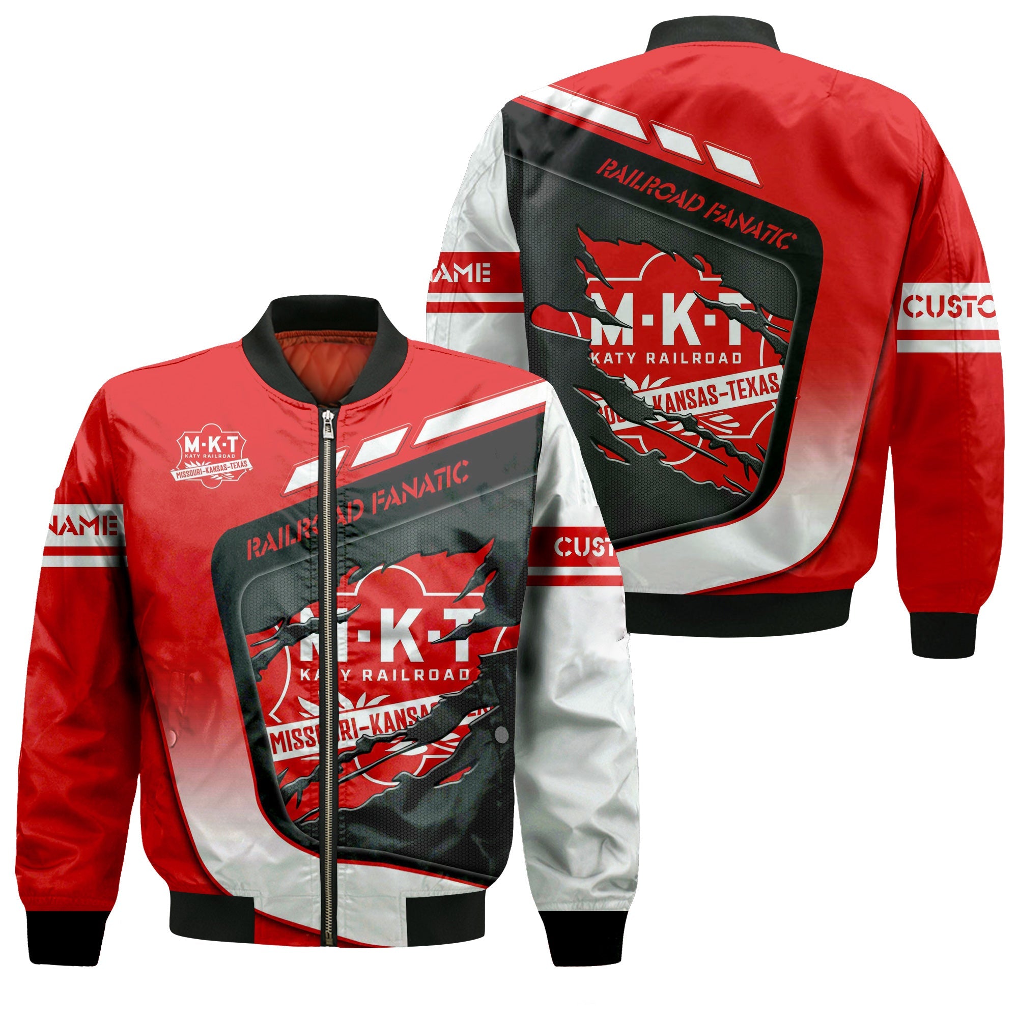 Railspirit Personalized Katy Railroad Bomber Jacket Ripped Texture Style Train Jacket For Railroad Fanatic