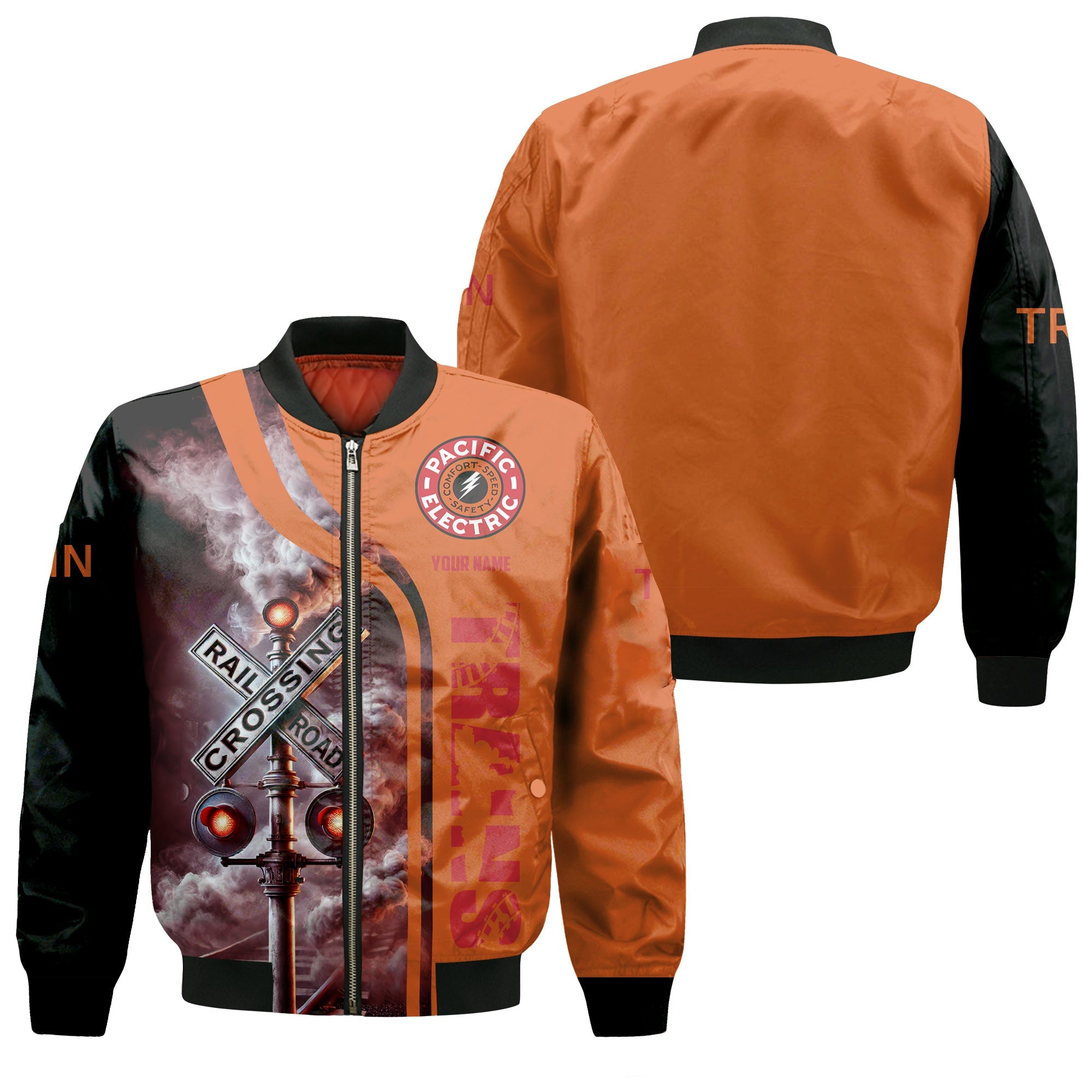 Railspirit Personalized Pacific Electric Railroad Bomber Jacket Railroad Crossing Sign Train Bomber All Over Print
