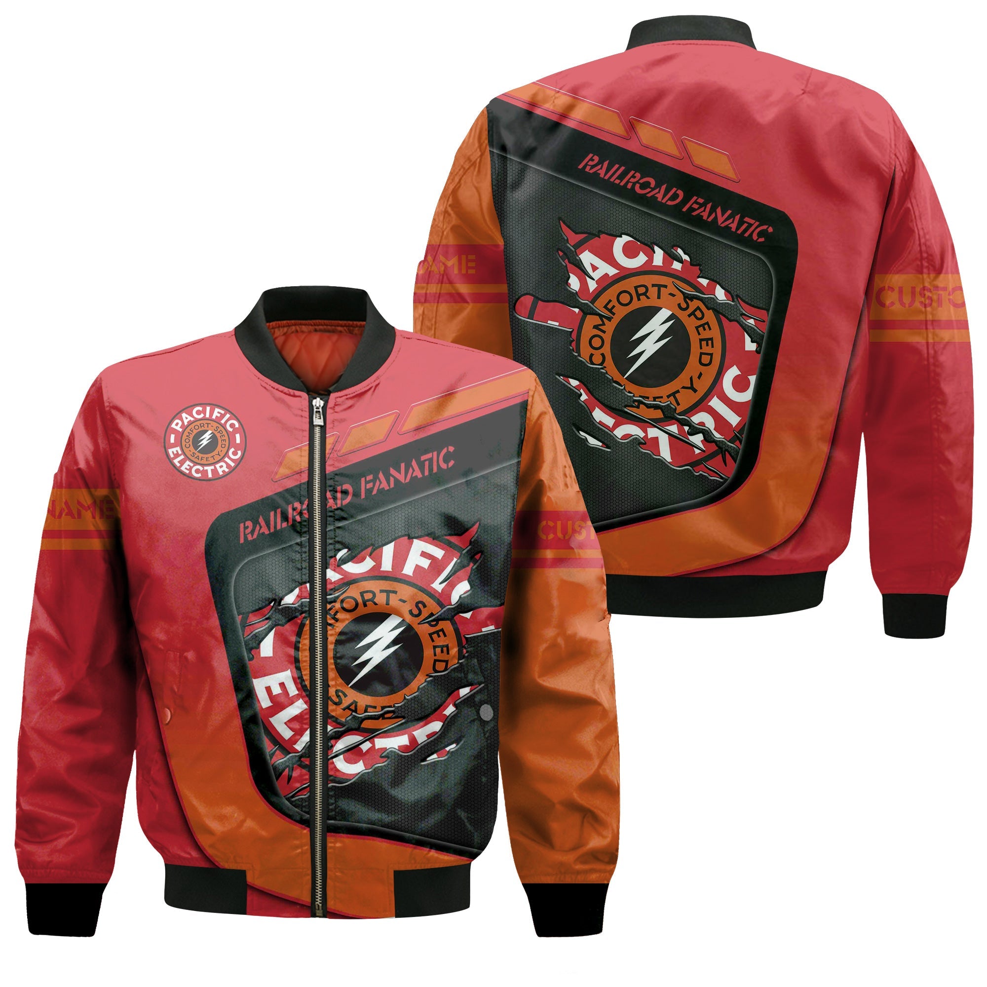 Railspirit Personalized Pacific Electric Railroad Bomber Jacket Ripped Texture Style Train Jacket For Railroad Fanatic