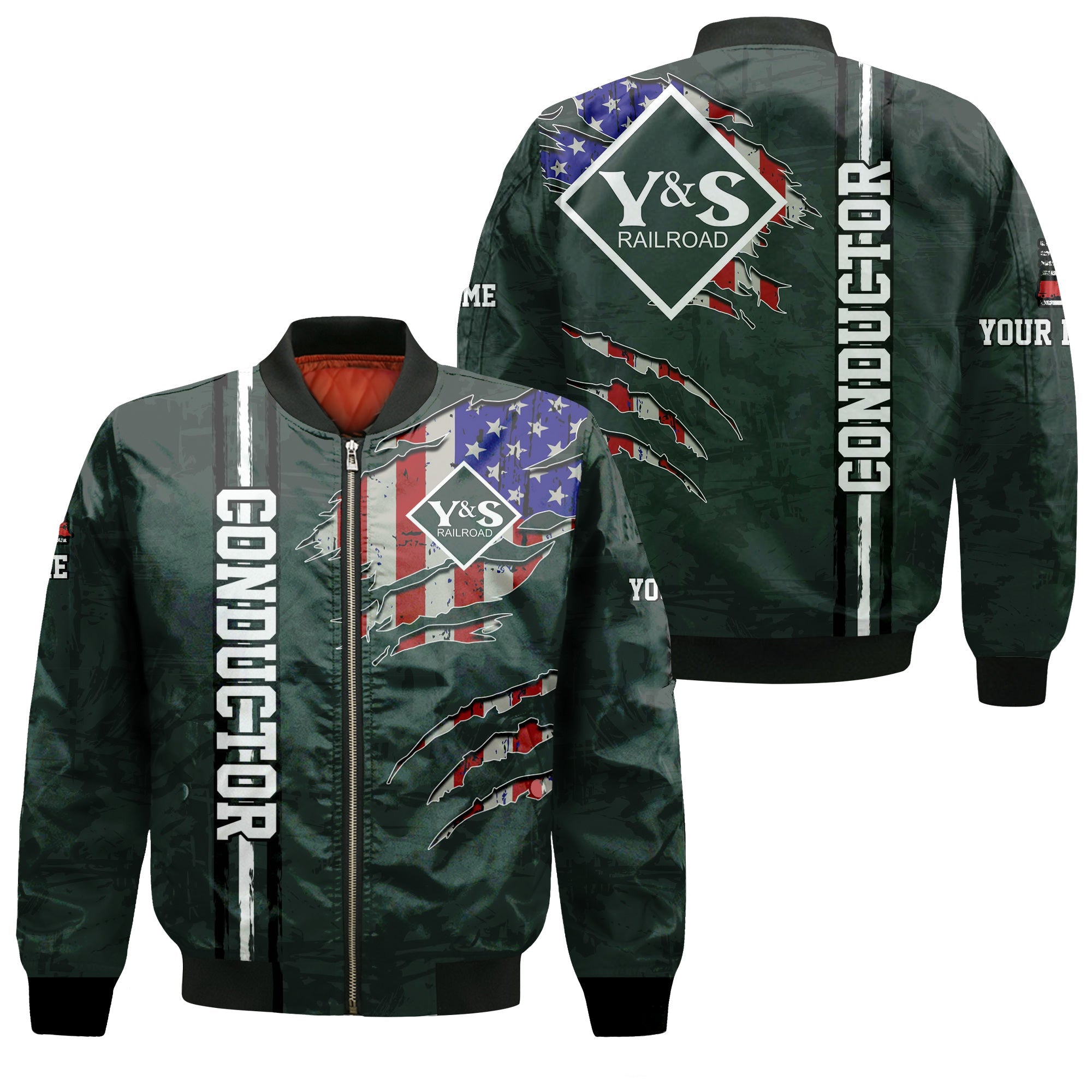 Railspirit Personalized Youngstown & Southern Railroad Bomber Jacket USA Flag Claw Art with Custom Job Train Jacket