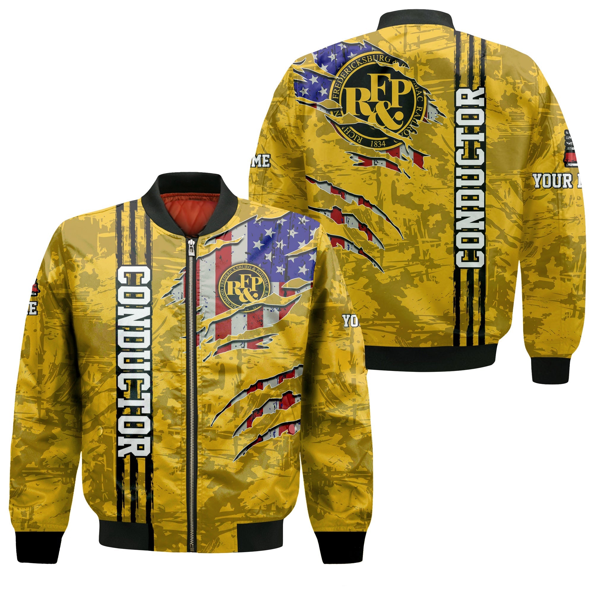 Railspirit Personalized Richmond, Fredericksburg And Potomac Railroad Bomber Jacket USA Flag Claw Art with Custom Job Train Jacket