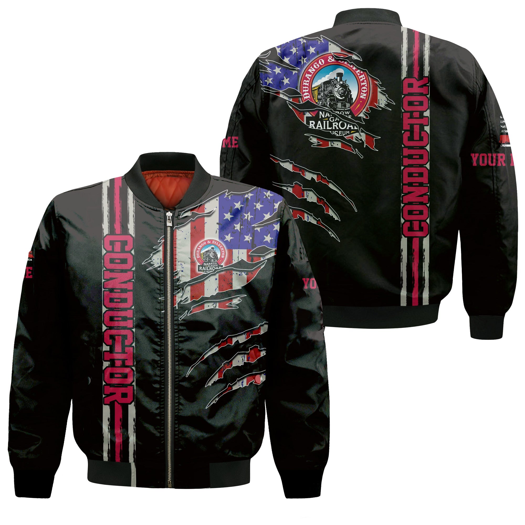 Railspirit Personalized Durango And Silverton Narrow Gauge Railroad Bomber Jacket USA Flag Claw Art with Custom Job Train Jacket
