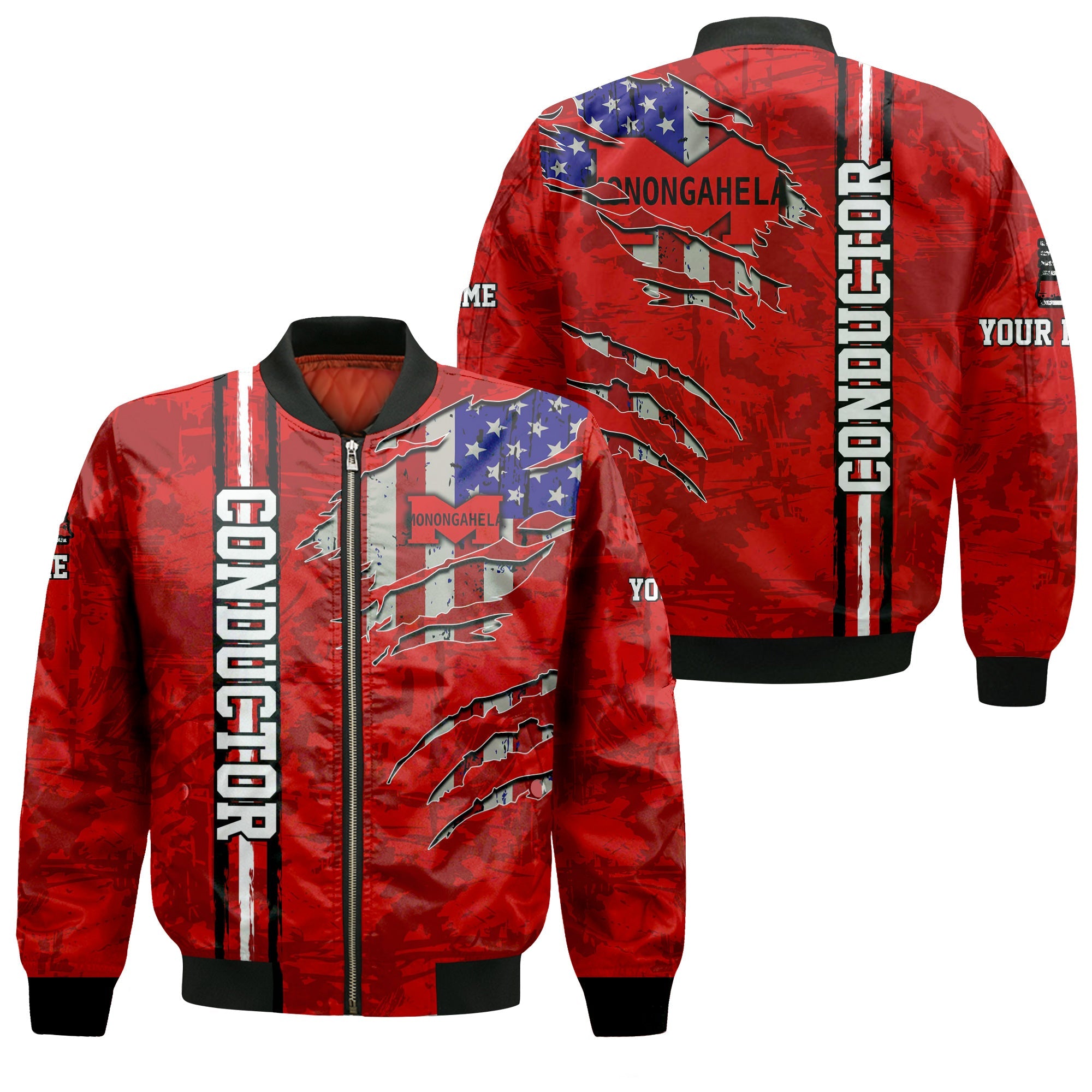 Railspirit Personalized Monongahela Railroad Bomber Jacket USA Flag Claw Art with Custom Job Train Jacket