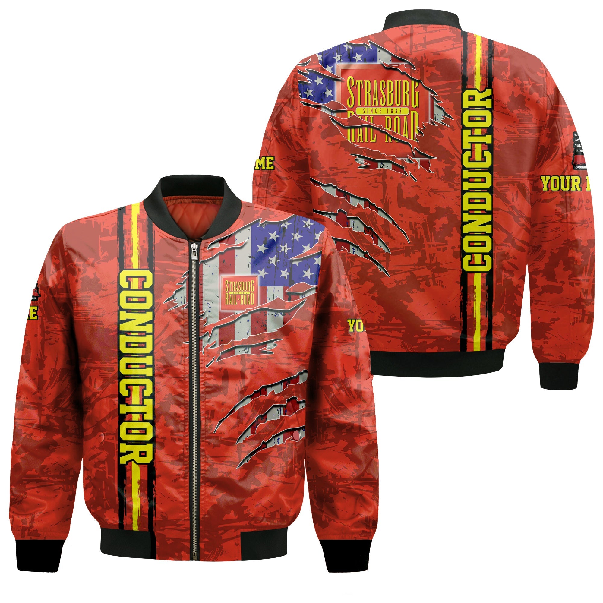 Railspirit Personalized Strasburg Railroad Bomber Jacket USA Flag Claw Art with Custom Job Train Jacket
