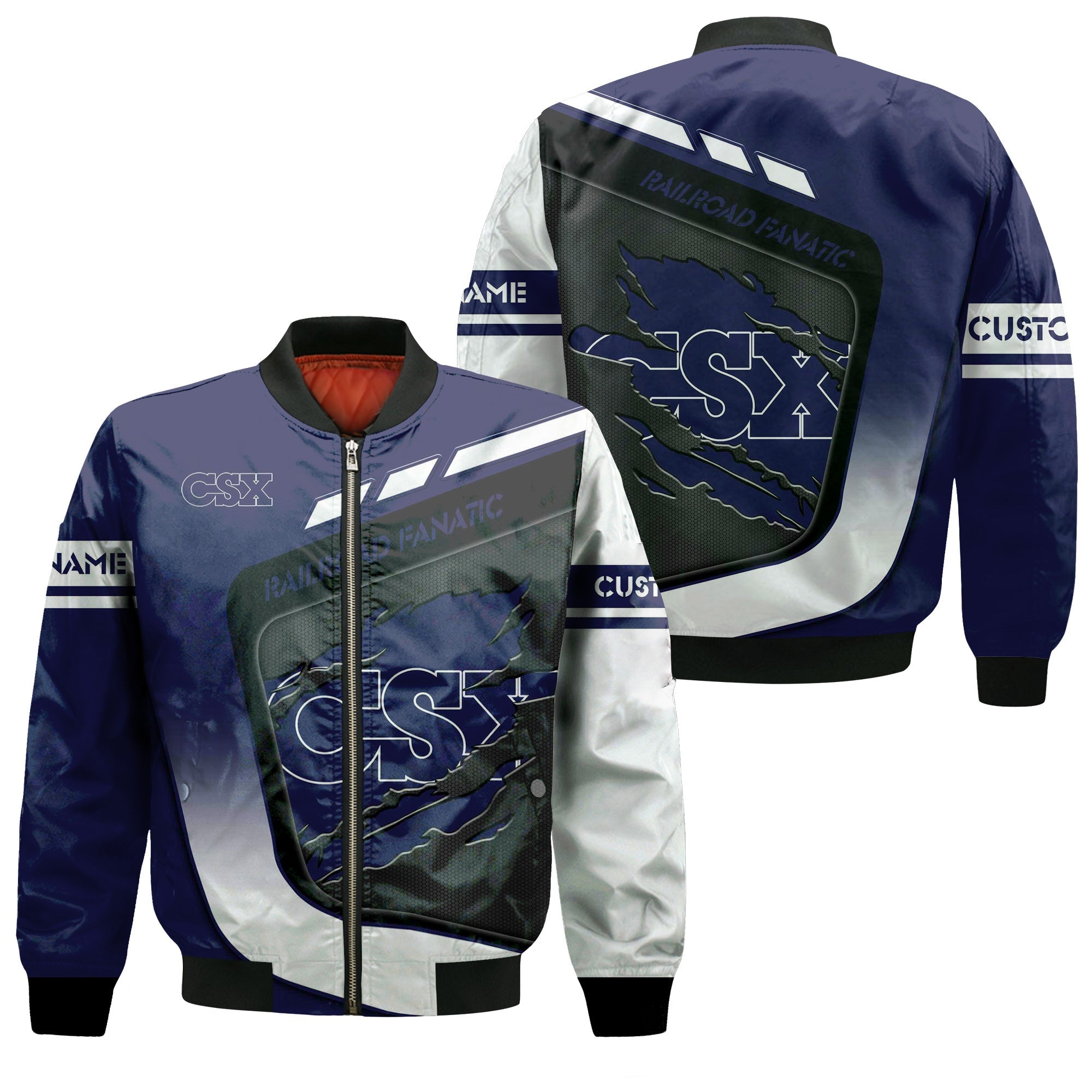 Railspirit Personalized CSX Transportation Railroad Bomber Jacket Ripped Texture Style Train Jacket For Railroad Fanatic