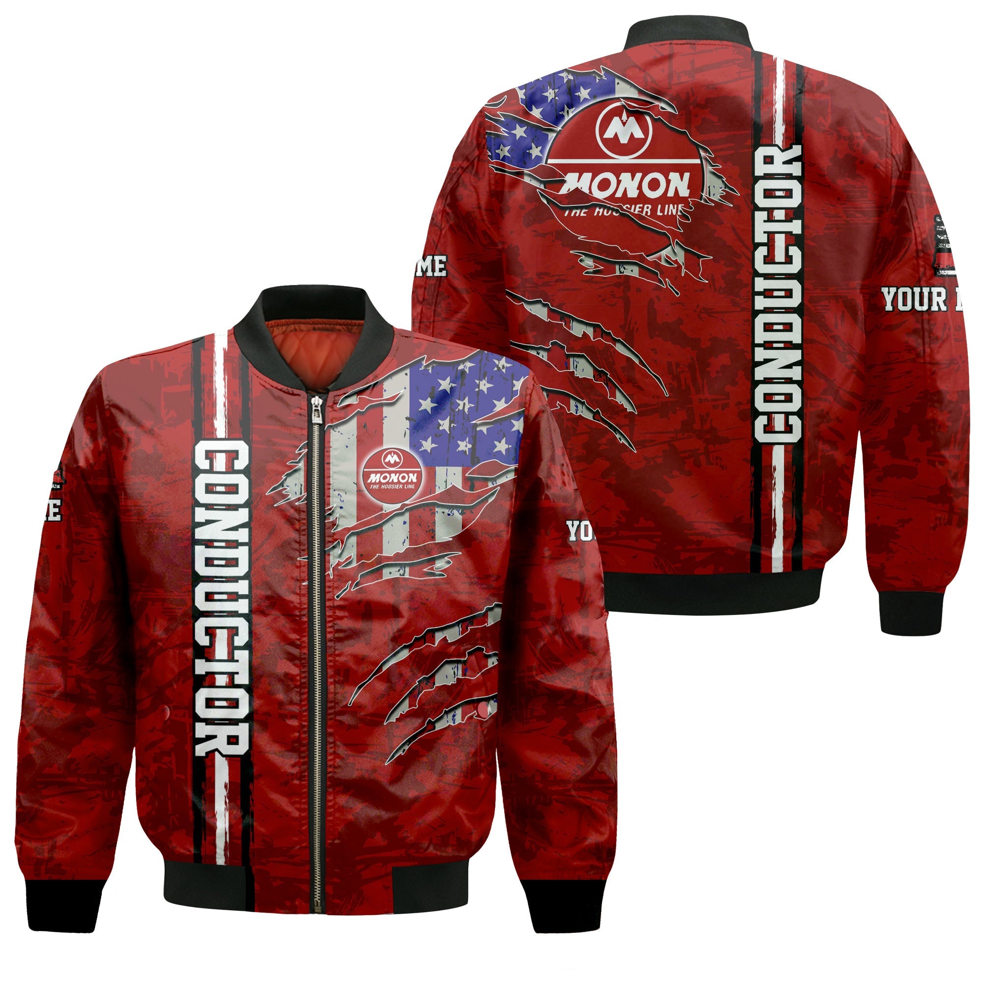 Railspirit Personalized Monon Railroad Bomber Jacket USA Flag Claw Art with Custom Job Train Jacket