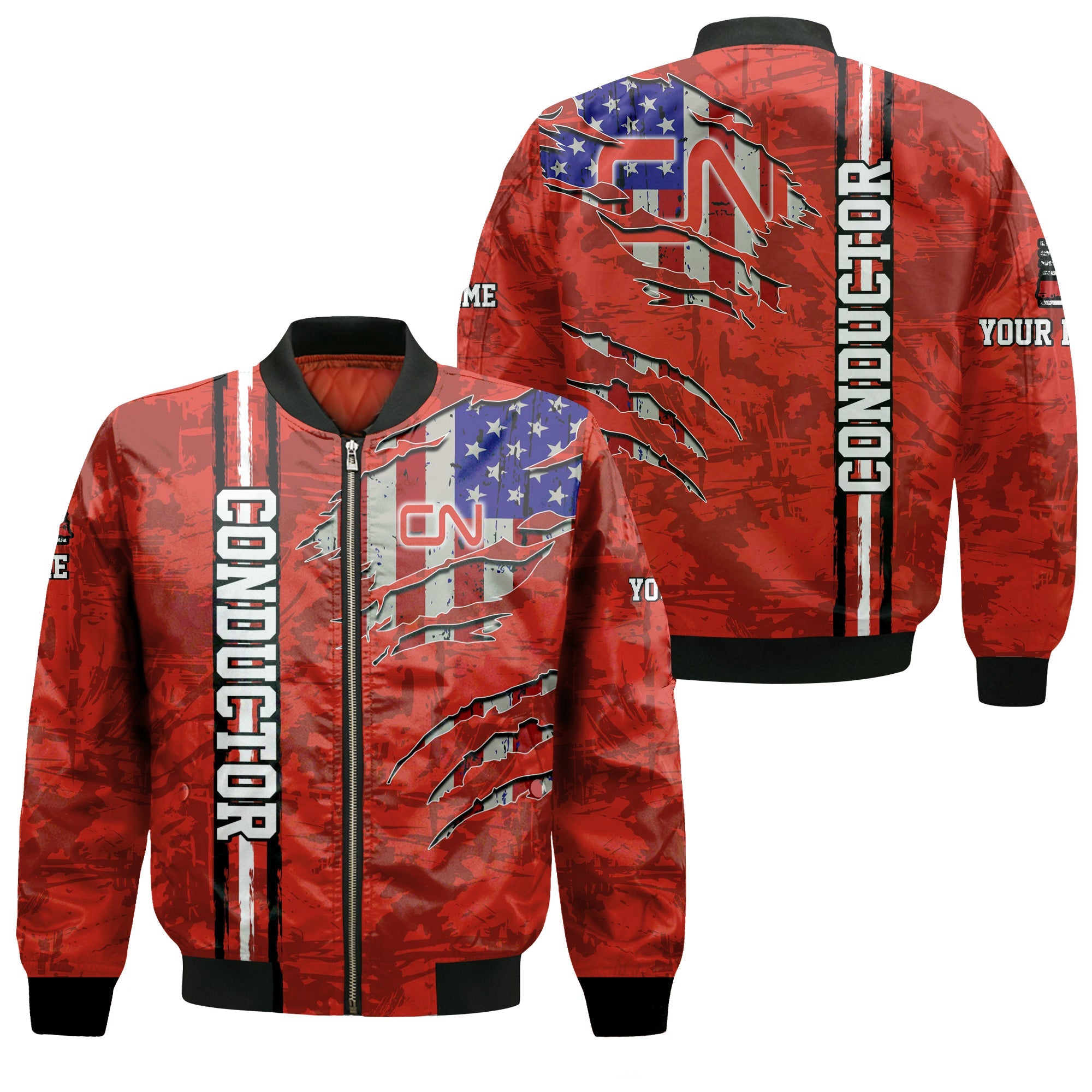 Railspirit Personalized Canadian National Railroad Bomber Jacket USA Flag Claw Art with Custom Job Train Jacket