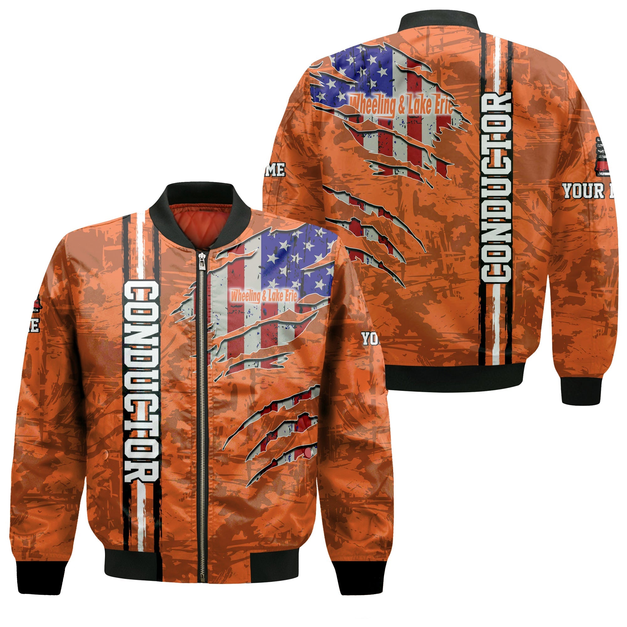 Railspirit Personalized Wheeling And Lake Erie Railroad Bomber Jacket USA Flag Claw Art with Custom Job Train Jacket