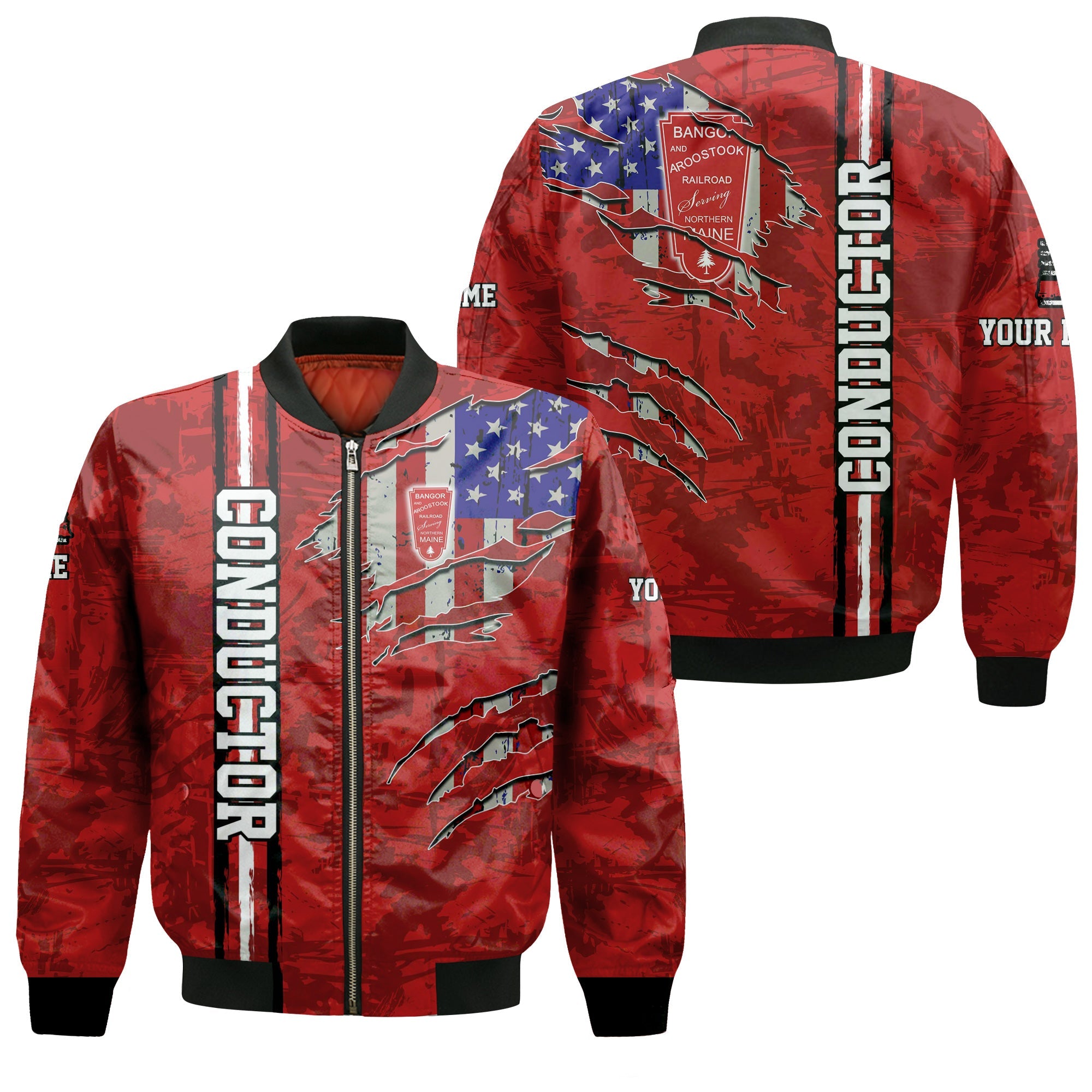 Railspirit Personalized Bangor And Aroostook Railroad Bomber Jacket USA Flag Claw Art with Custom Job Train Jacket