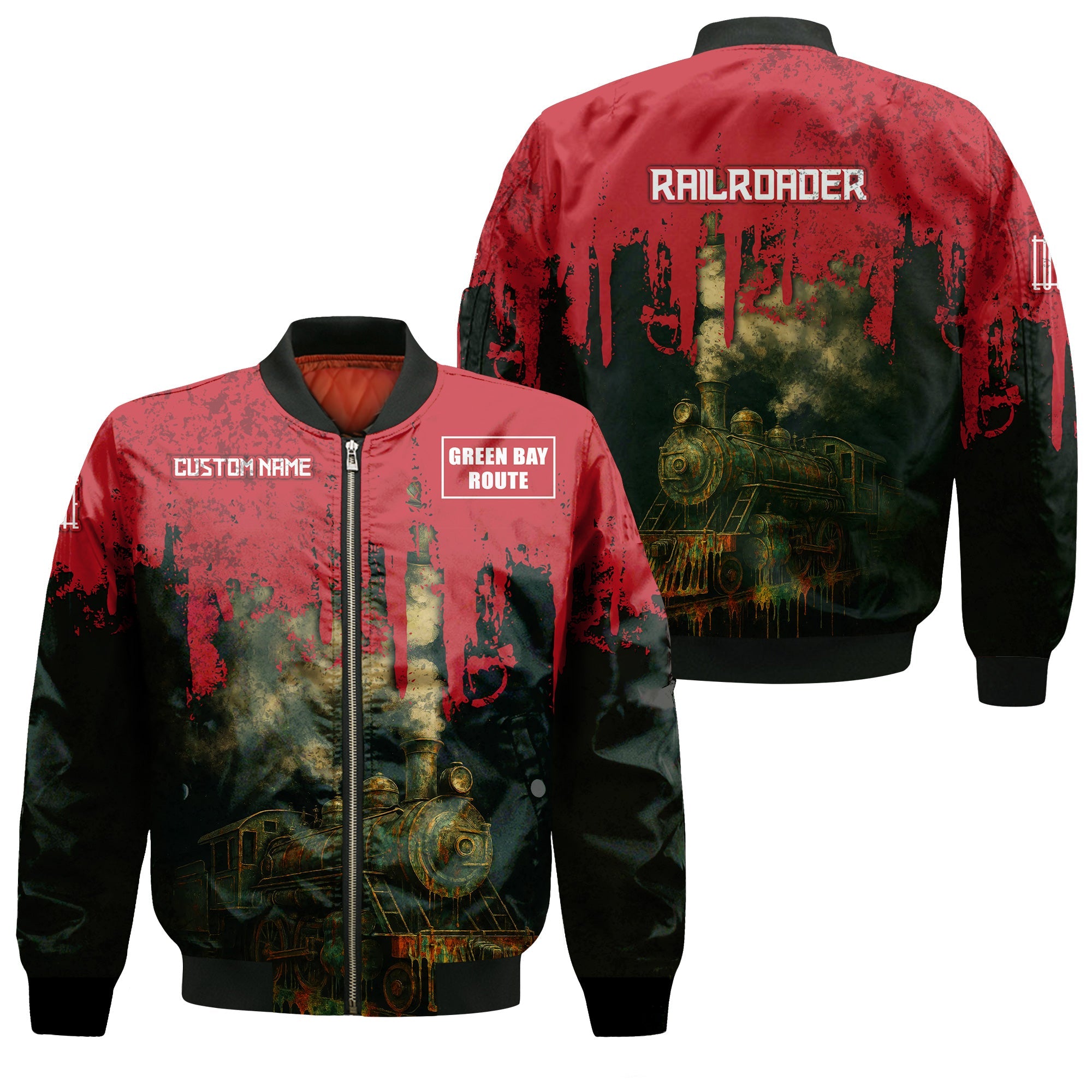 Railspirit Personalized Green Bay & Western Railroad Bomber Jacket Vintage Train Art Style Bomber For Locomotive Fans