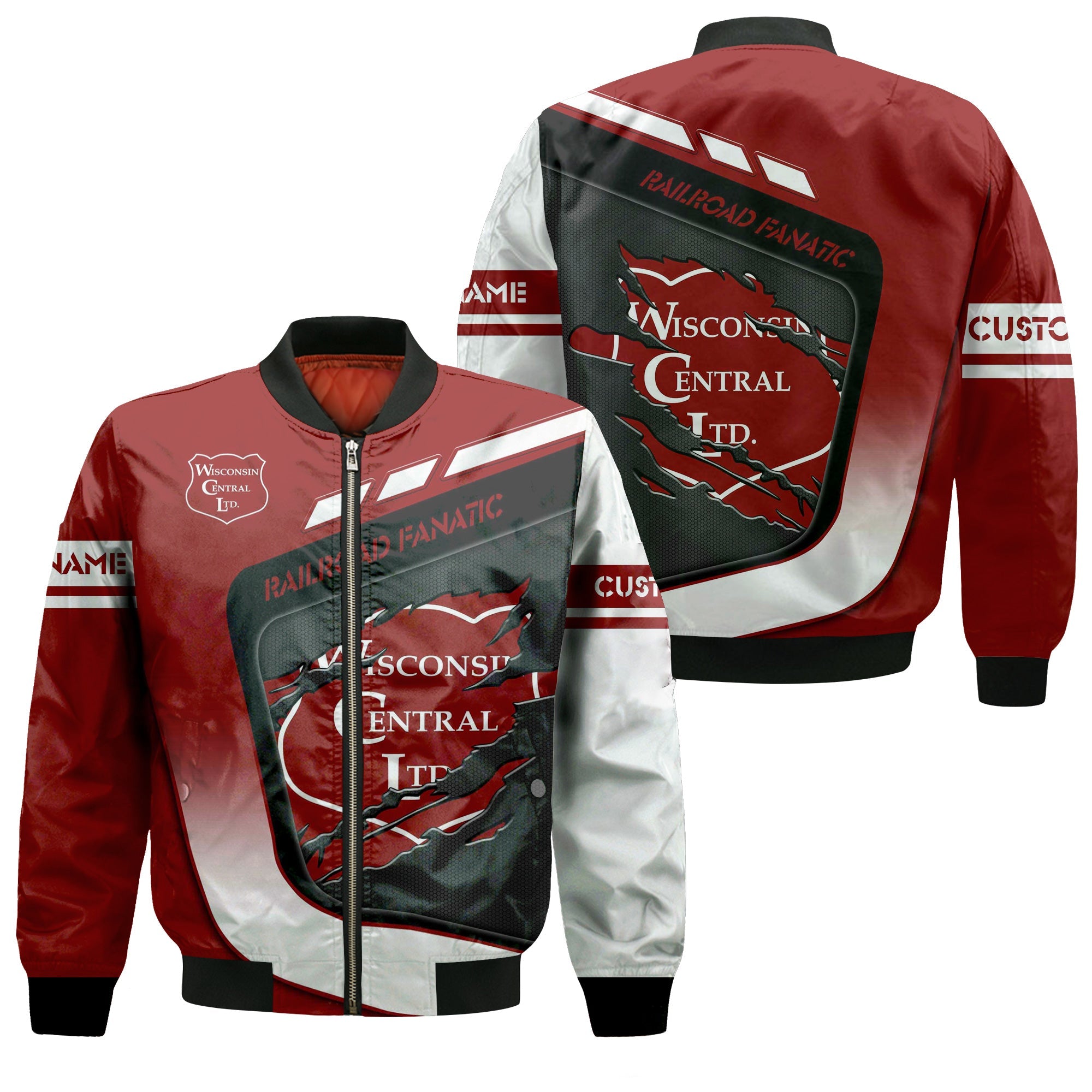 Railspirit Personalized Wisconsin Central Ltd Railroad Bomber Jacket Ripped Texture Style Train Jacket For Railroad Fanatic