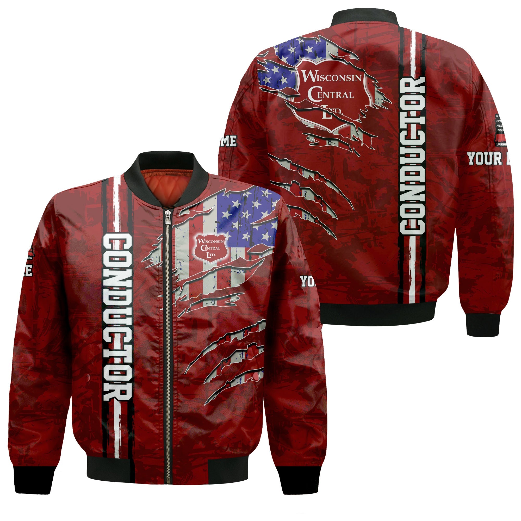 Railspirit Personalized Wisconsin Central Ltd Railroad Bomber Jacket USA Flag Claw Art with Custom Job Train Jacket