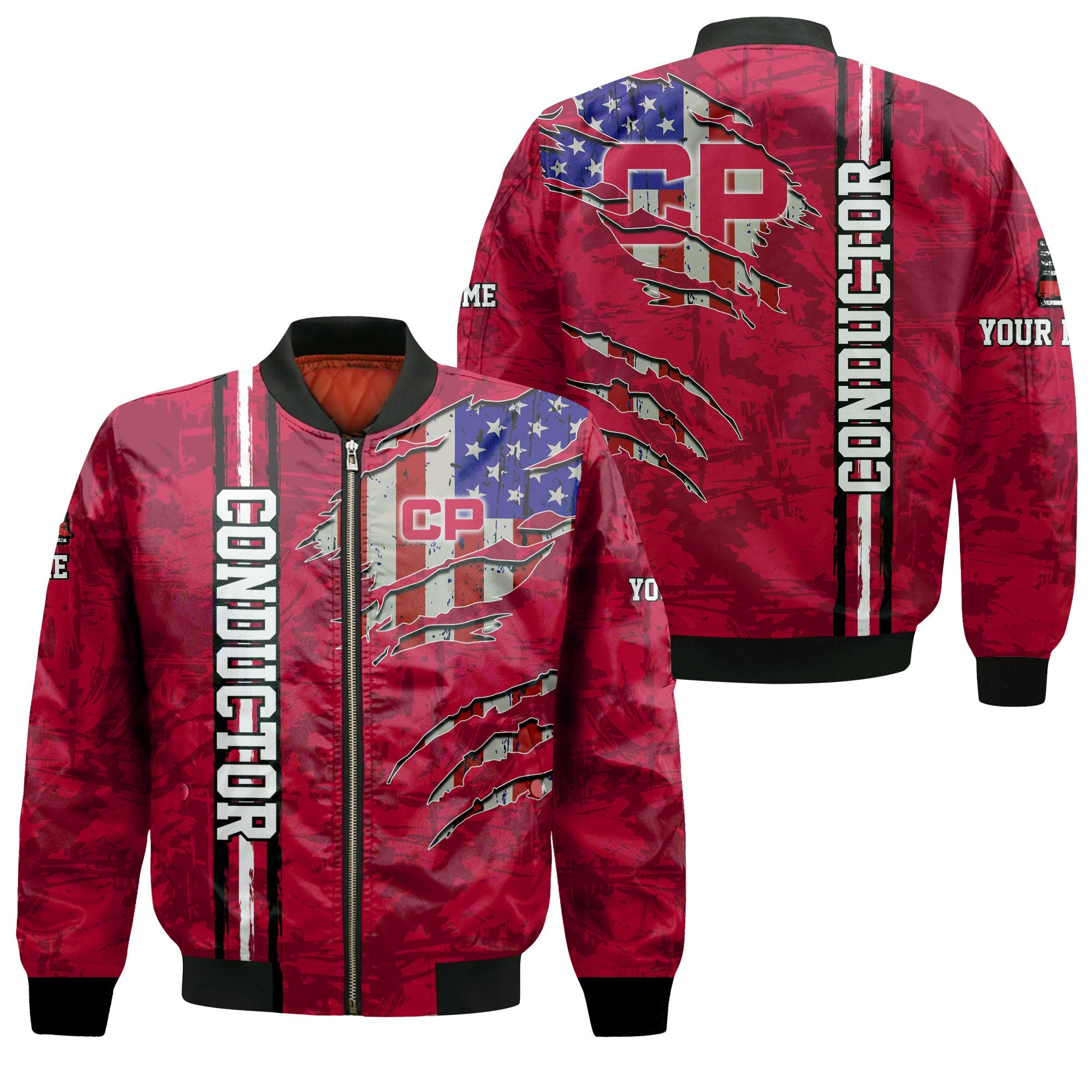 Railspirit Personalized Canadian Pacific Railroad Bomber Jacket USA Flag Claw Art with Custom Job Train Jacket