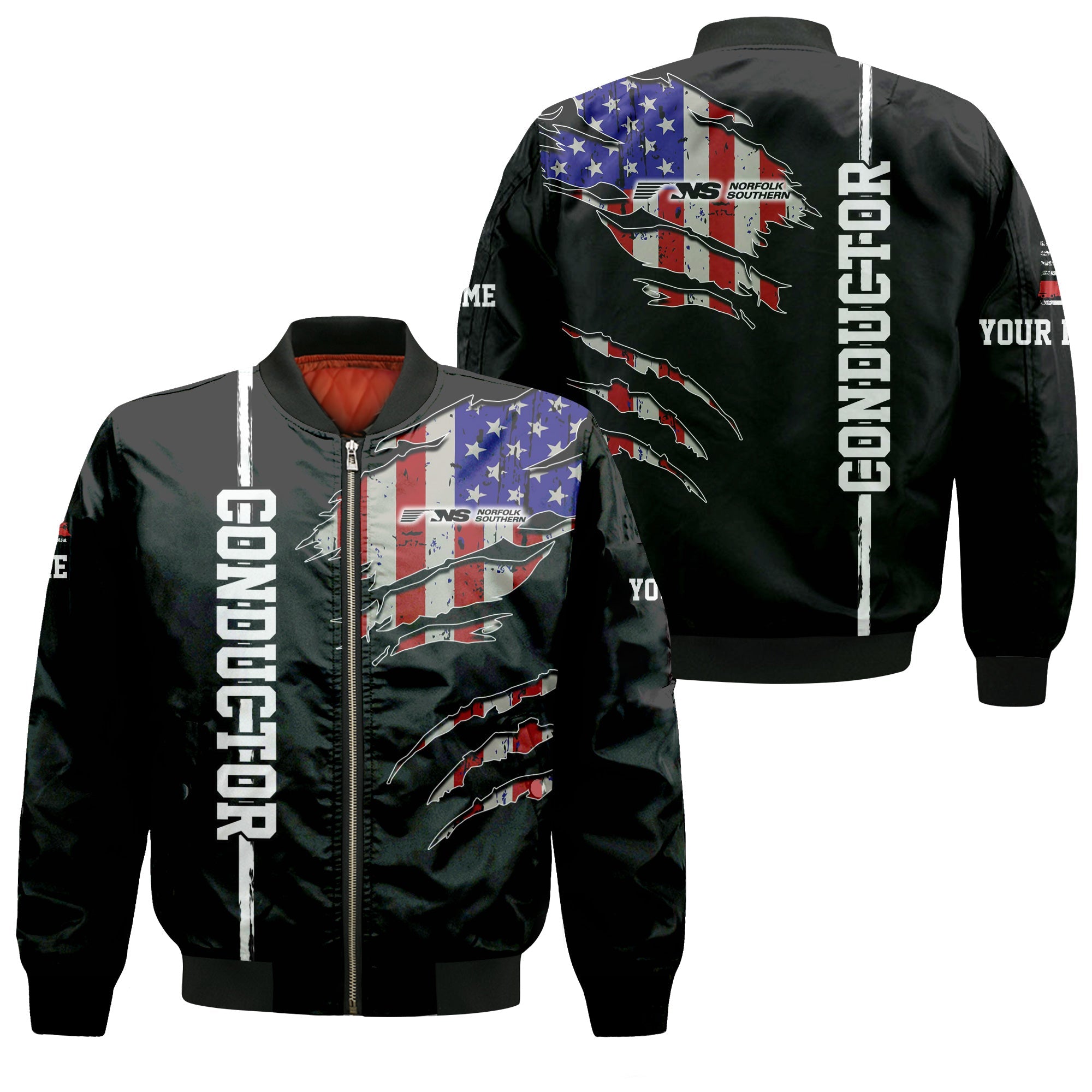 Railspirit Personalized Norfolk Southern Railway Bomber Jacket USA Flag Claw Art with Custom Job Train Jacket