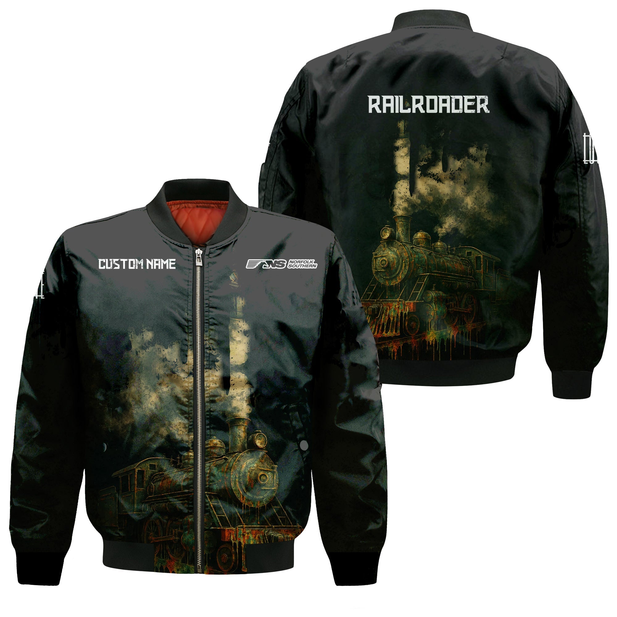 Railspirit Personalized Norfolk Southern Railway Bomber Jacket Vintage Train Art Style Bomber For Locomotive Fans
