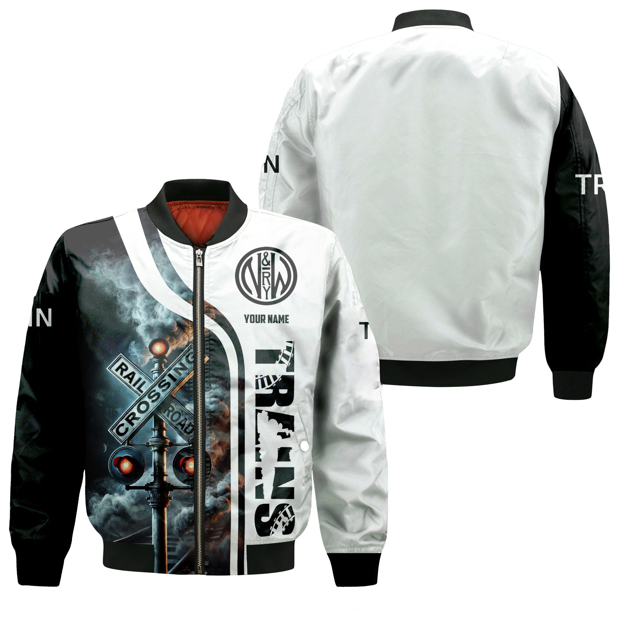 Railspirit Personalized Norfolk and Western Railway Bomber Jacket Railroad Crossing Sign N&W Train Bomber All Over Print
