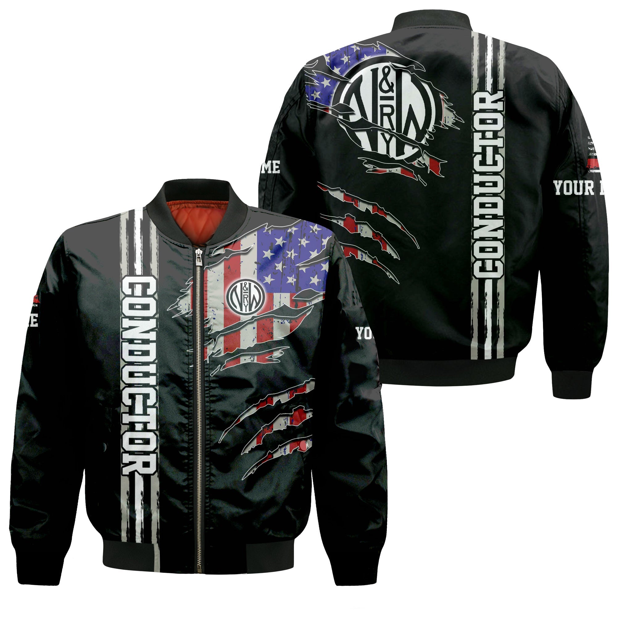 Railspirit Personalized Norfolk and Western Railway Bomber Jacket USA Flag Claw Art with Custom Job N&W Train Jacket