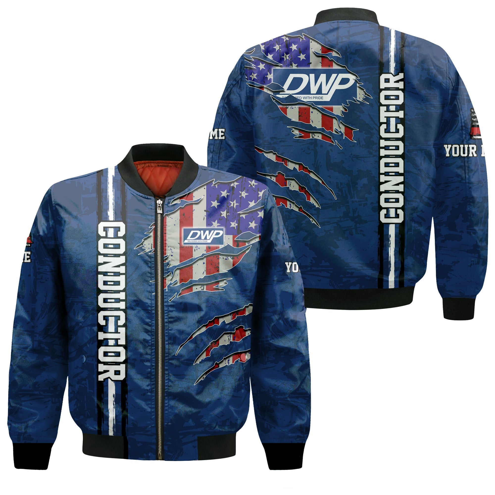 Railspirit Personalized Duluth, Winnipeg and Pacific Railway Bomber Jacket USA Flag Claw Art with Custom Job Train Jacket