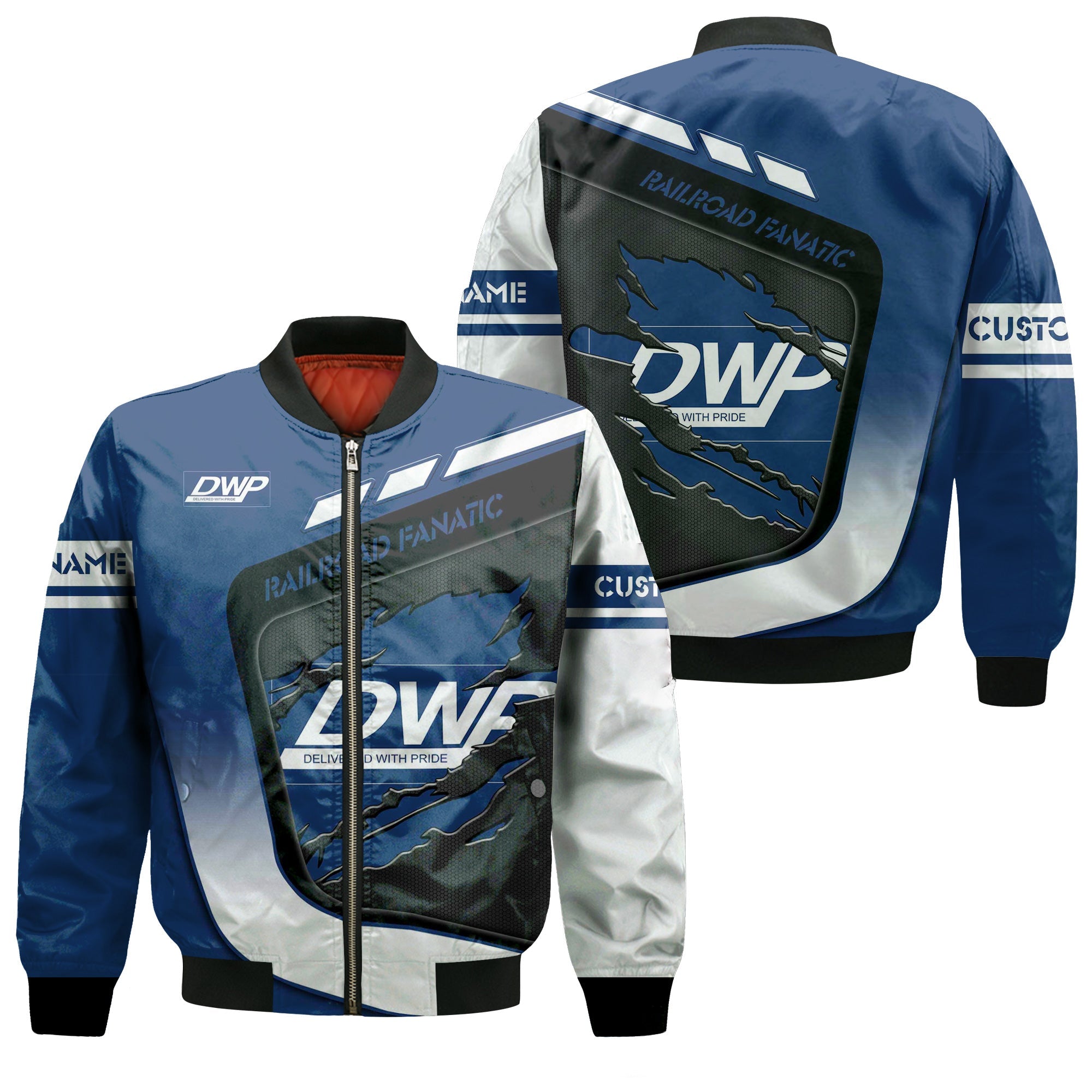 Railspirit Personalized Duluth, Winnipeg and Pacific Railway Bomber Jacket Ripped Texture Style Train Jacket For Railroad Fanatic