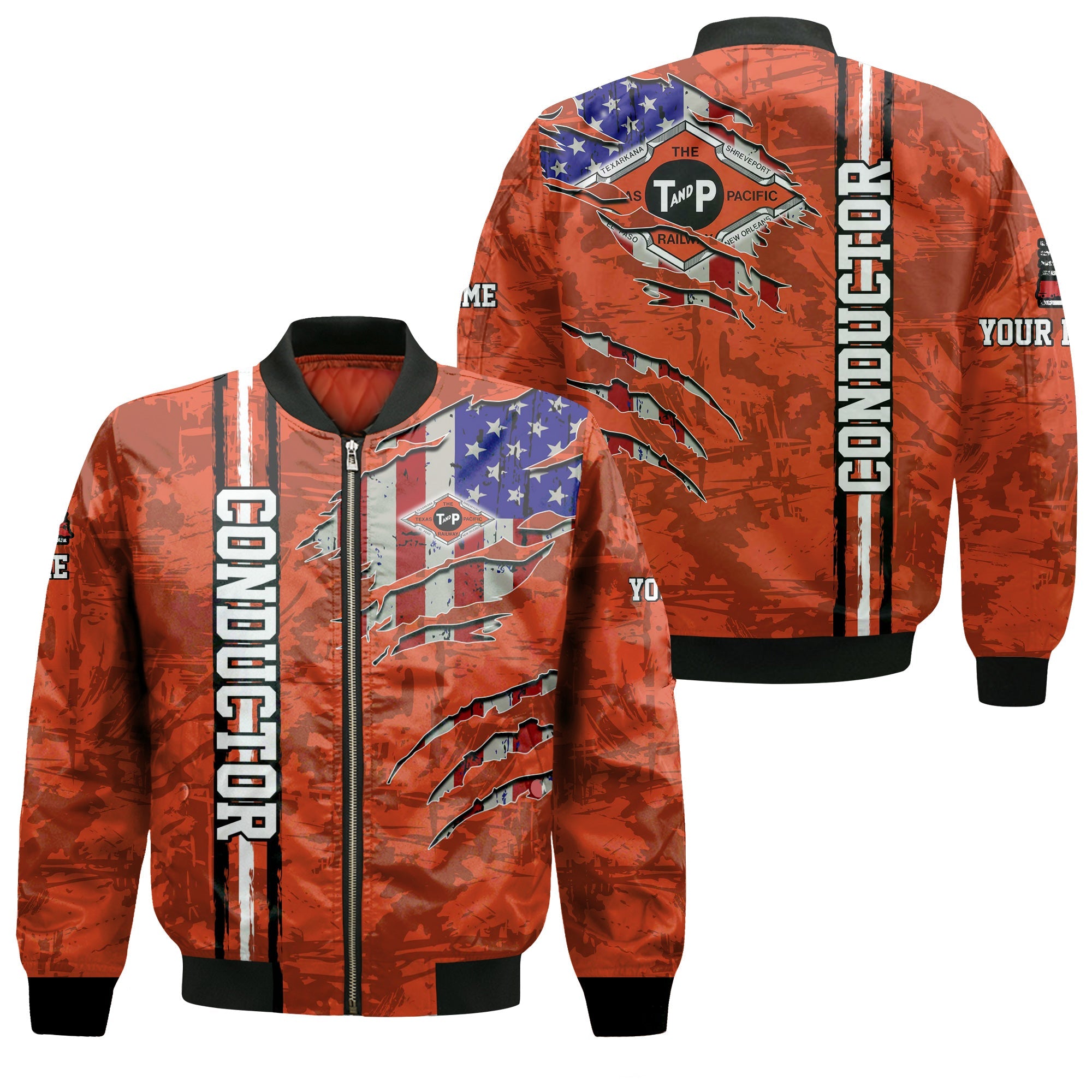 Railspirit Personalized Texas and Pacific Railway Bomber Jacket USA Flag Claw Art with Custom Job Train Jacket