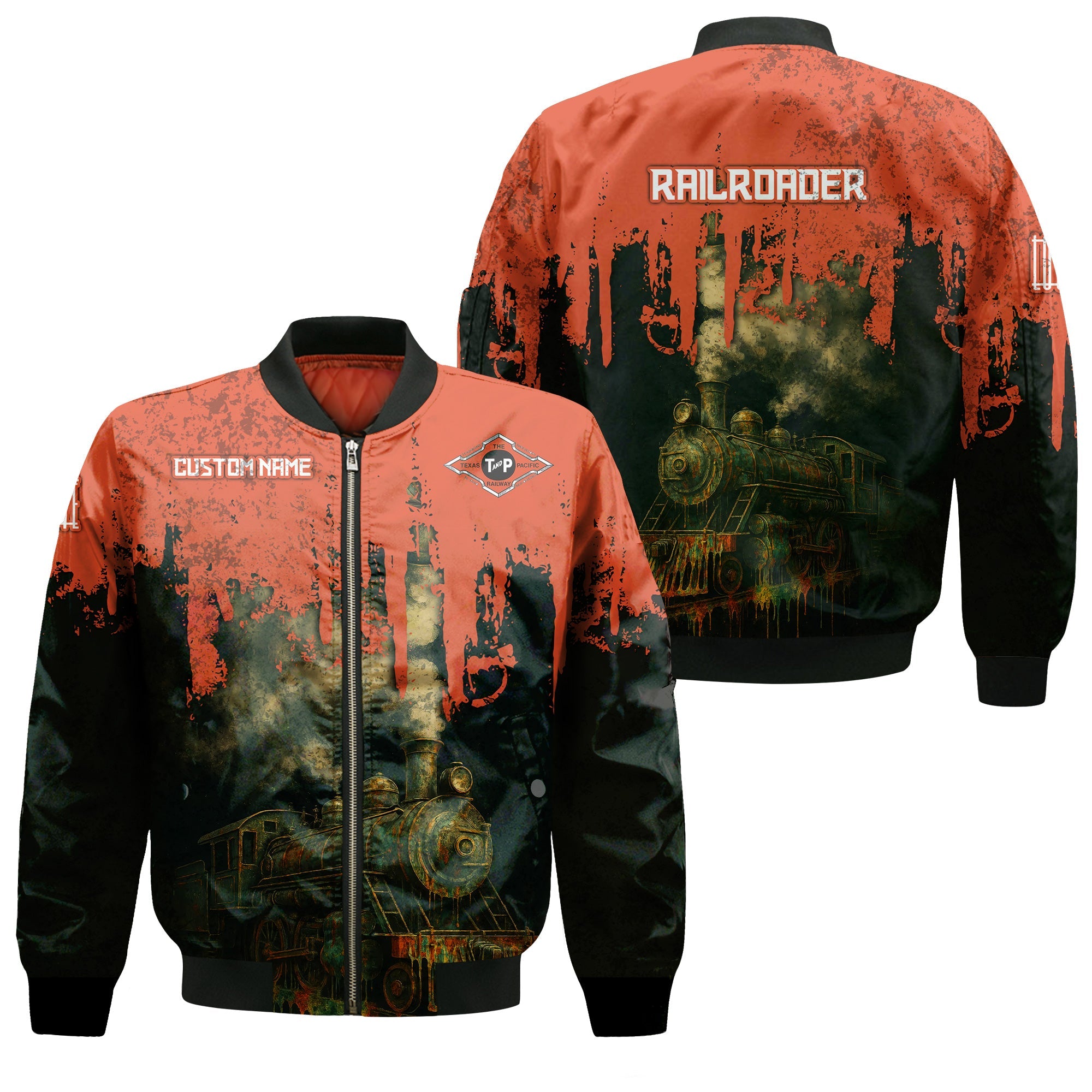 Railspirit Personalized Texas and Pacific Railway Bomber Jacket Vintage Train Art Style Bomber For Locomotive Fans
