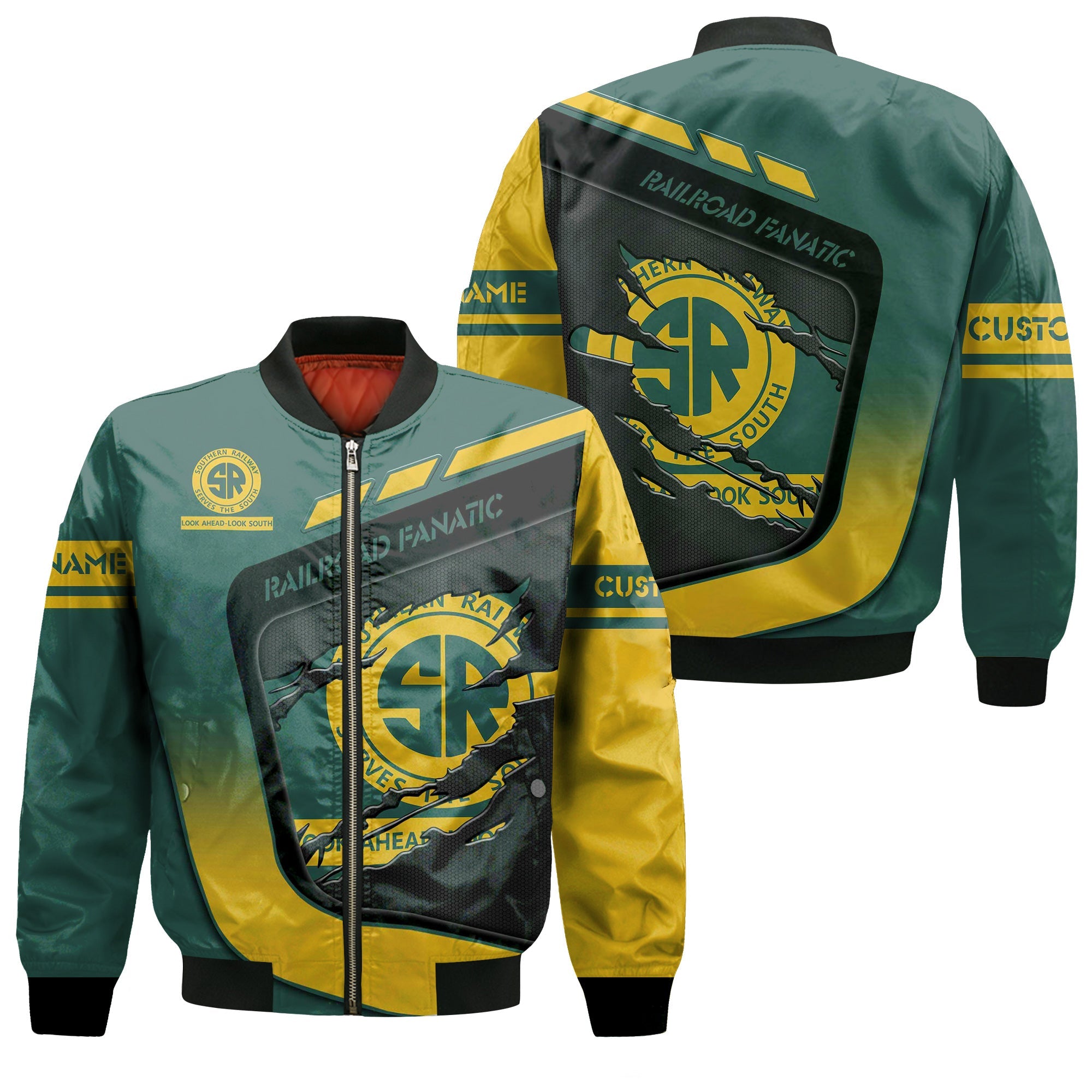 Railspirit Personalized Southern Railway U.S Bomber Jacket Ripped Texture Style SOU Train Jacket For Railroad Fanatic