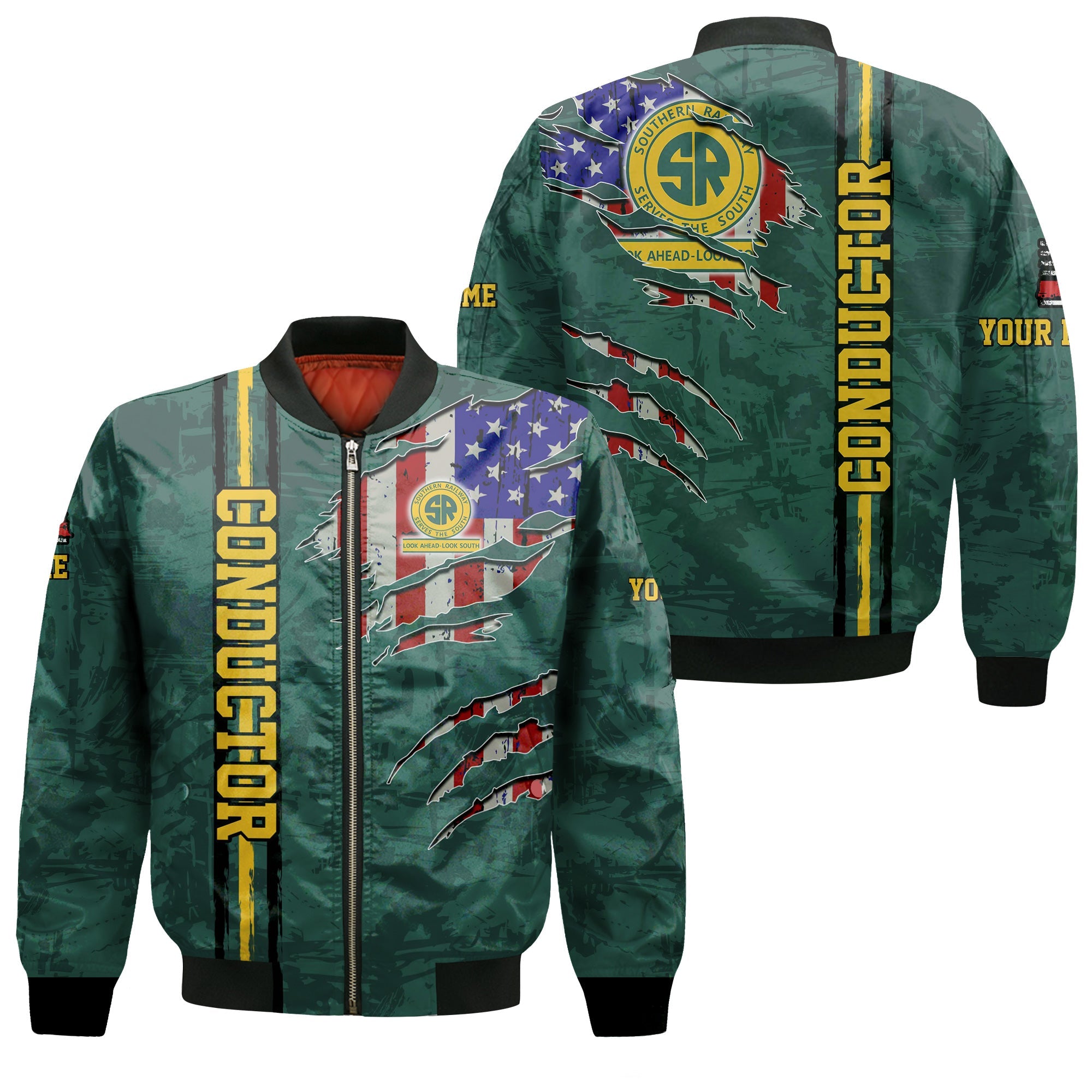 Railspirit Personalized Southern Railway U.S Bomber Jacket USA Flag Claw Art with Custom Job SOU Train Jacket