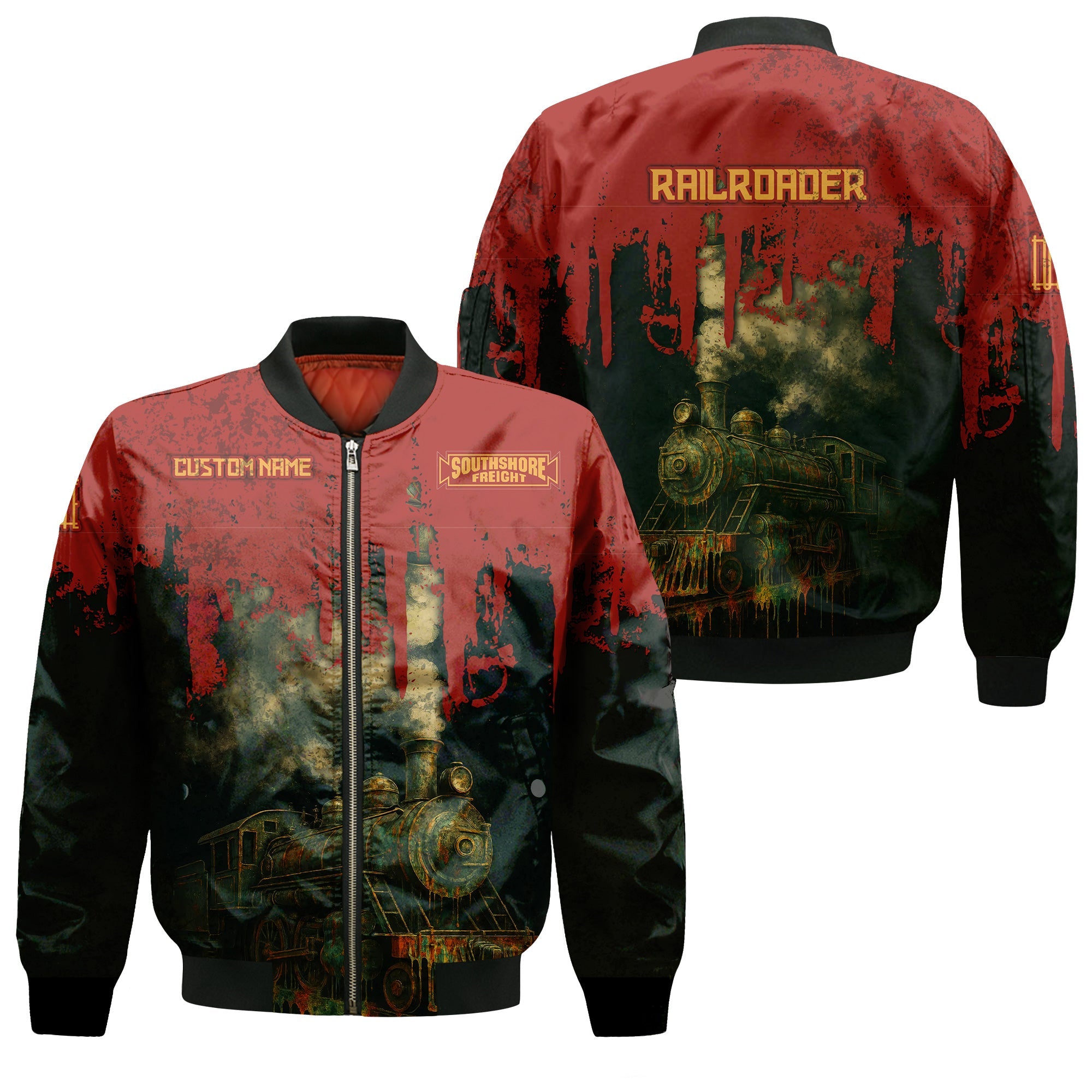 Railspirit Personalized Chicago South Shore and South Bend Railroad Bomber Jacket Vintage Train Art Style Bomber For Locomotive Fans