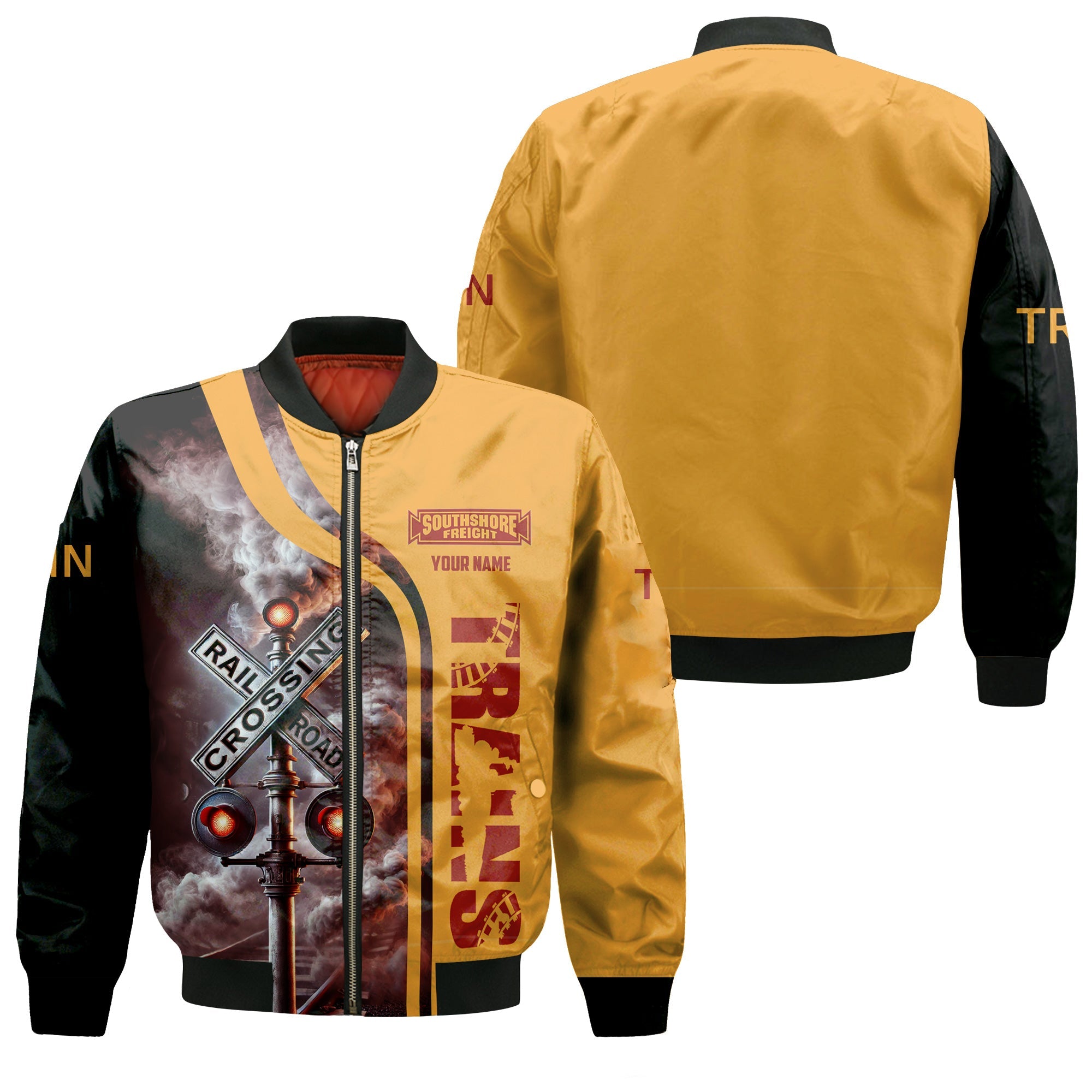 Railspirit Personalized Chicago South Shore and South Bend Railroad Bomber Jacket Railroad Crossing Sign Train Bomber All Over Print