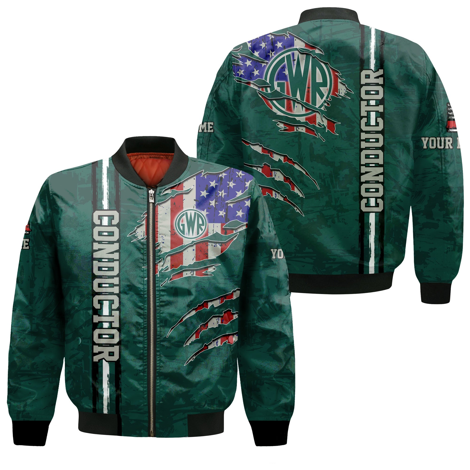 Railspirit Personalized Great Western Railway Bomber Jacket USA Flag Claw Art with Custom Job Train Jacket