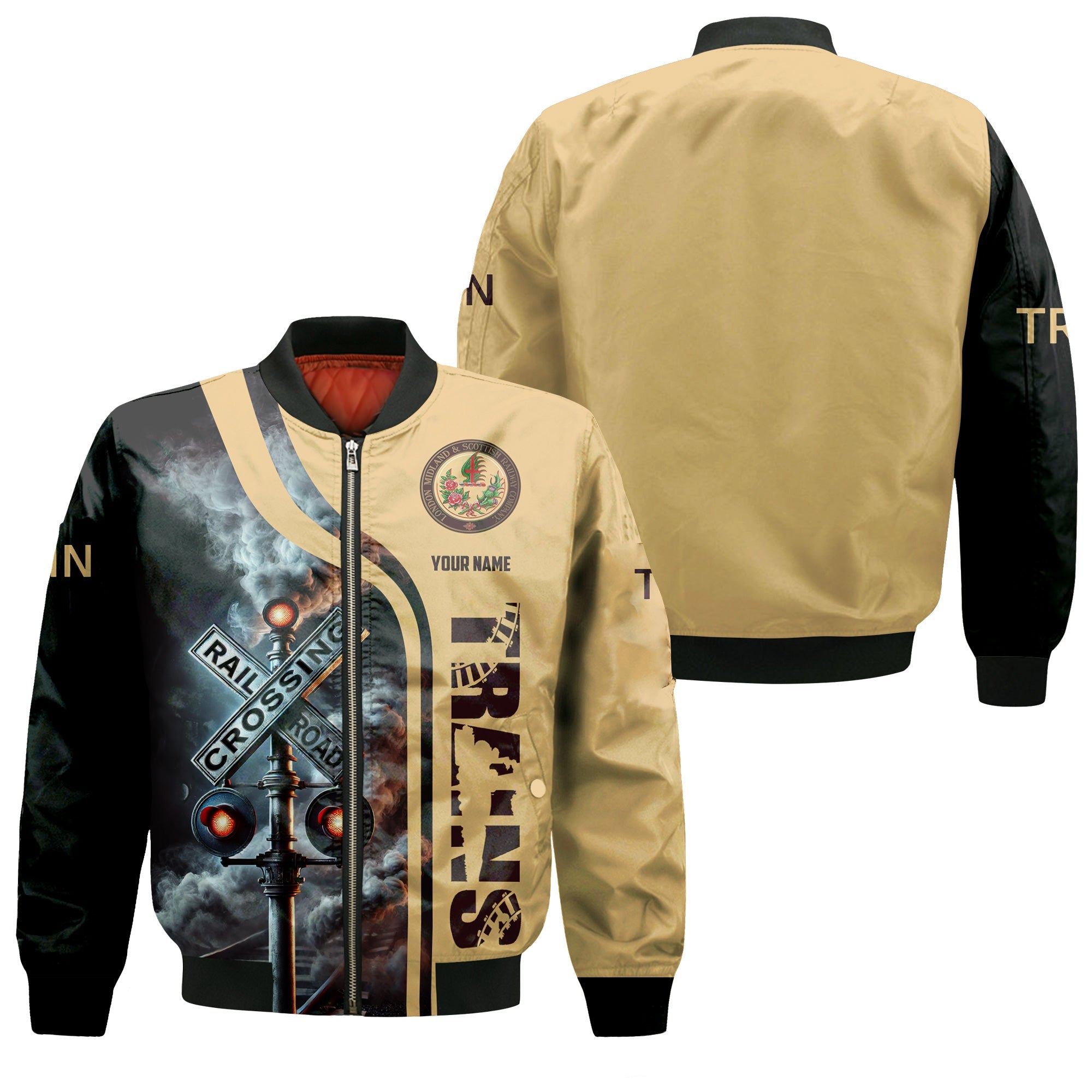 Railspirit Personalized London, Midland and Scottish Railway Bomber Jacket Railroad Crossing Sign Train Bomber All Over Print