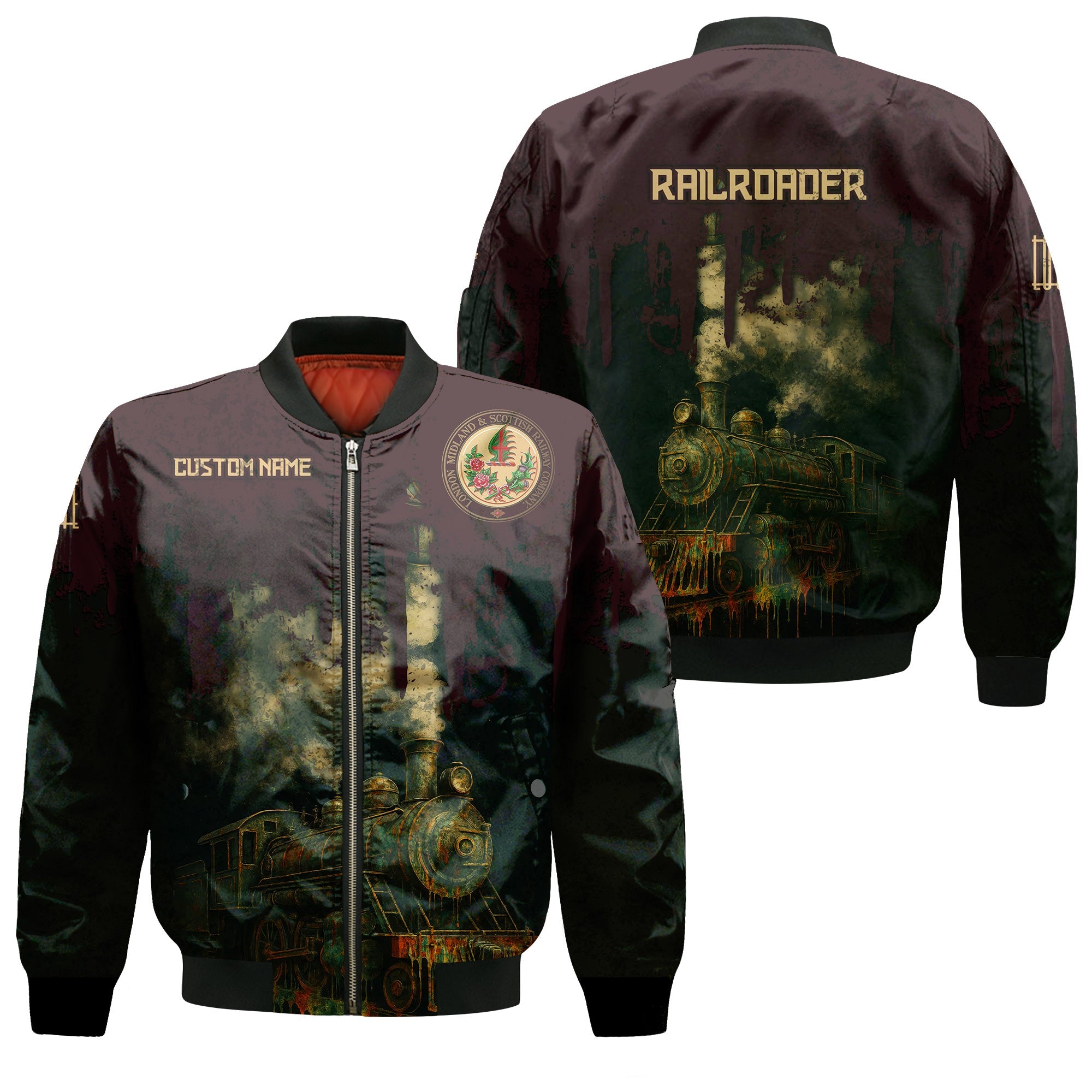 Railspirit Personalized London, Midland and Scottish Railway Bomber Jacket Vintage Train Art Style Bomber For Locomotive Fans