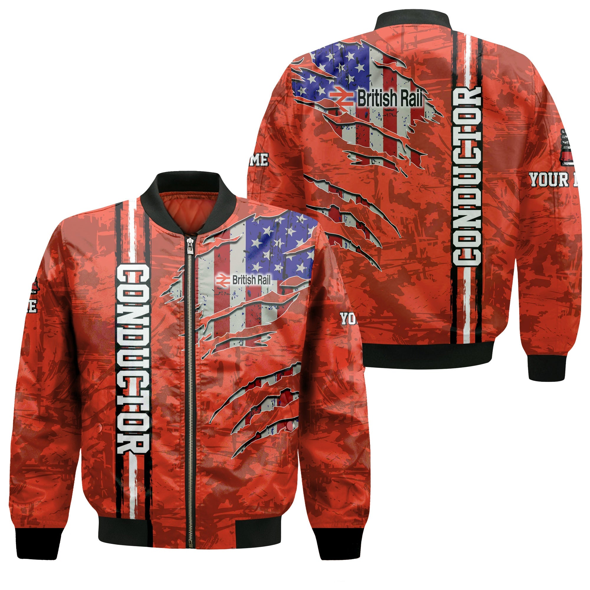Railspirit Personalized British Railway Bomber Jacket USA Flag Claw Art with Custom Job Train Jacket