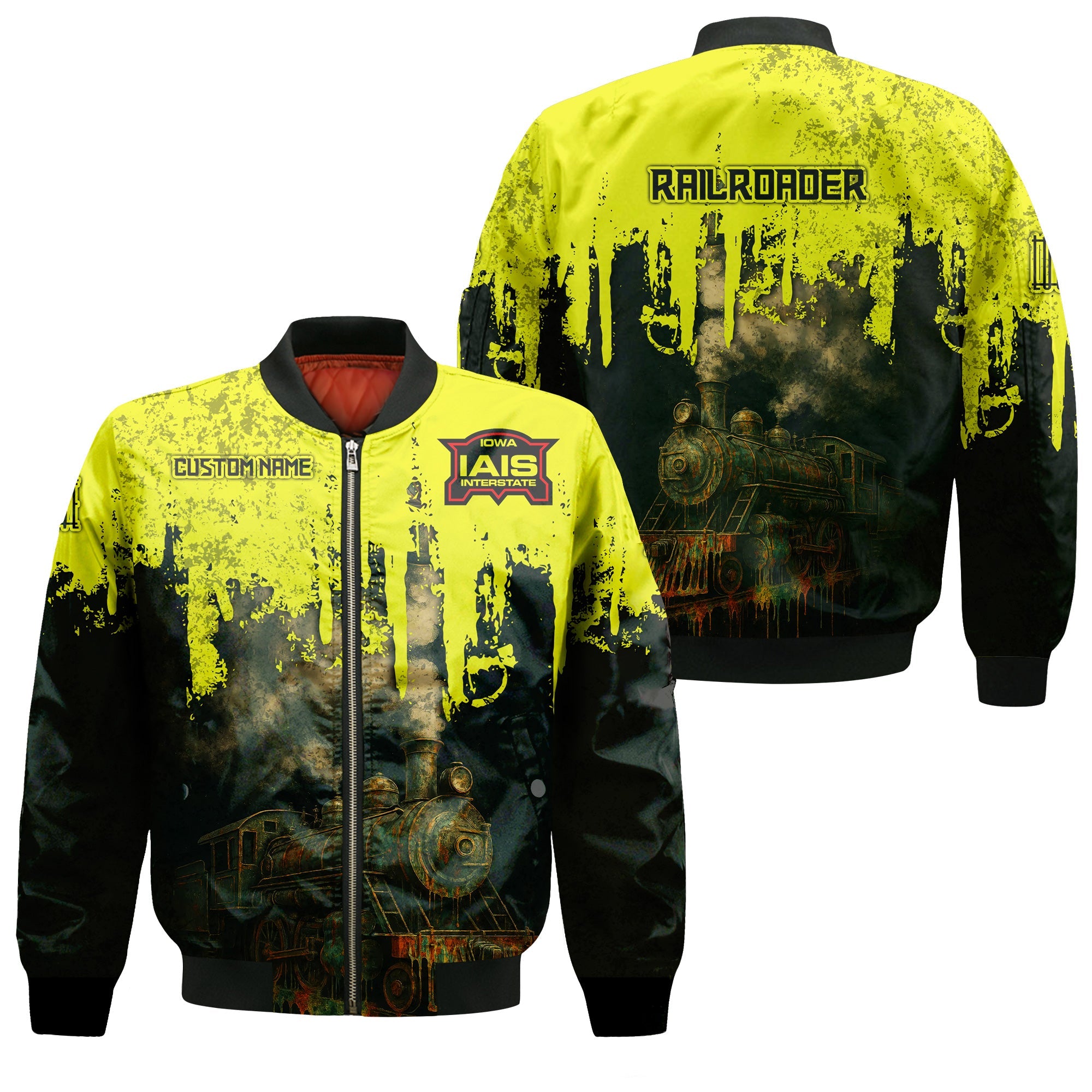 Railspirit Personalized Iowa Interstate Railroad Bomber Jacket Vintage Train Art Style IAIS Bomber For Locomotive Fans