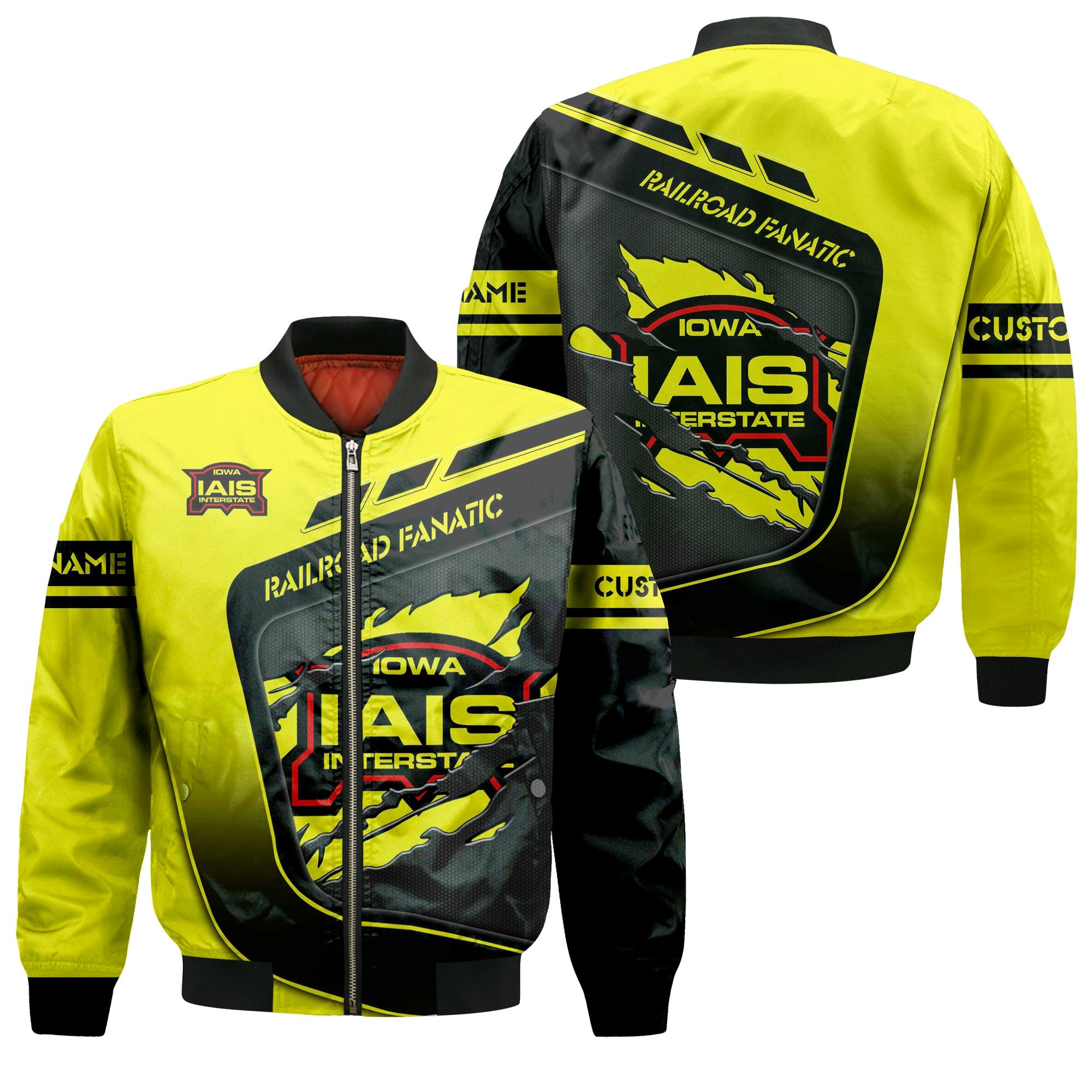 Railspirit Personalized Iowa Interstate Railroad Bomber Jacket Ripped Texture Style IAIS Train Jacket For Railroad Fanatic
