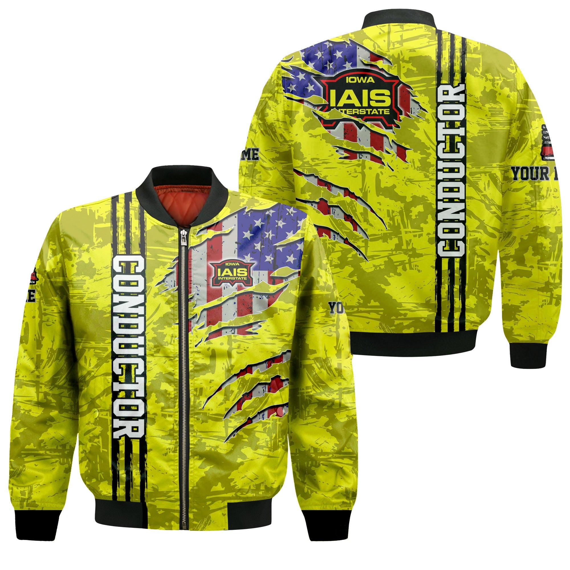 Railspirit Personalized Iowa Interstate Railroad Bomber Jacket USA Flag Claw Art with Custom Job IAIS Train Jacket
