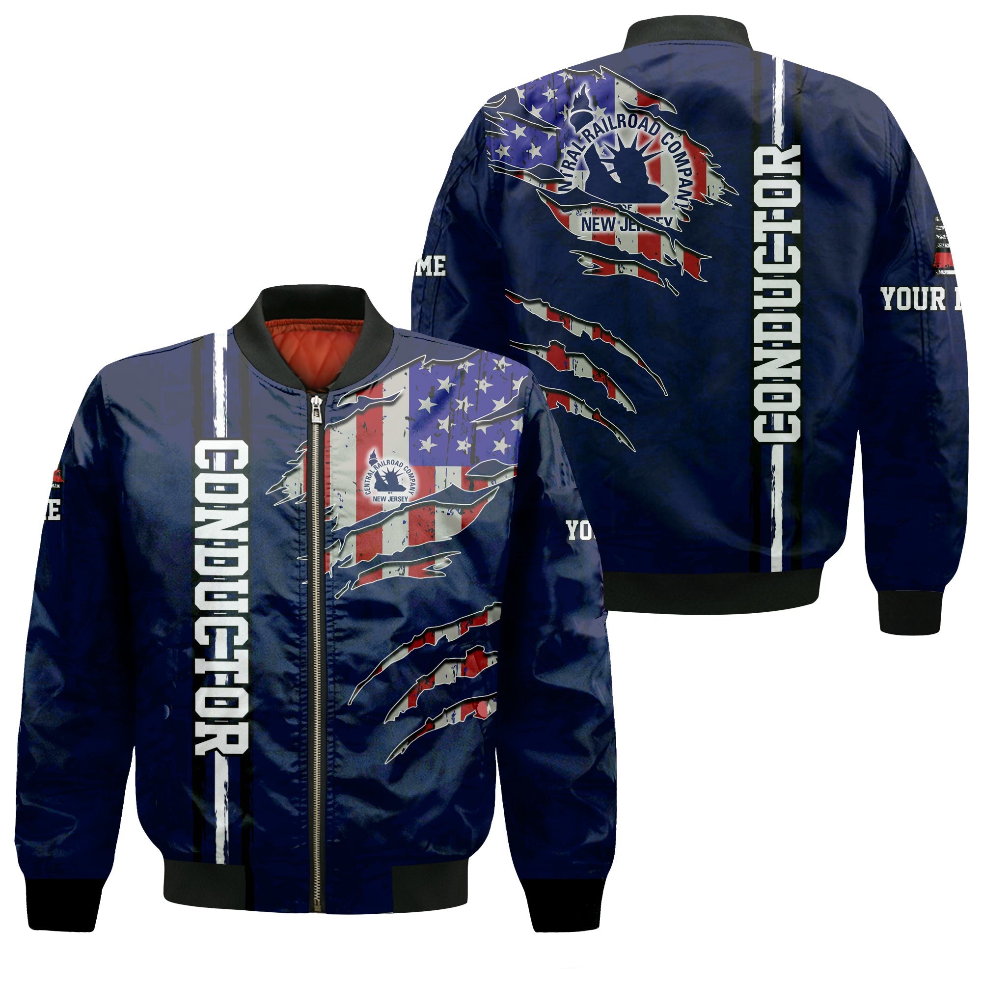Railspirit Personalized Jersey Central Railroad Bomber Jacket USA Flag Claw Art with Custom Job CNJ Train Jacket