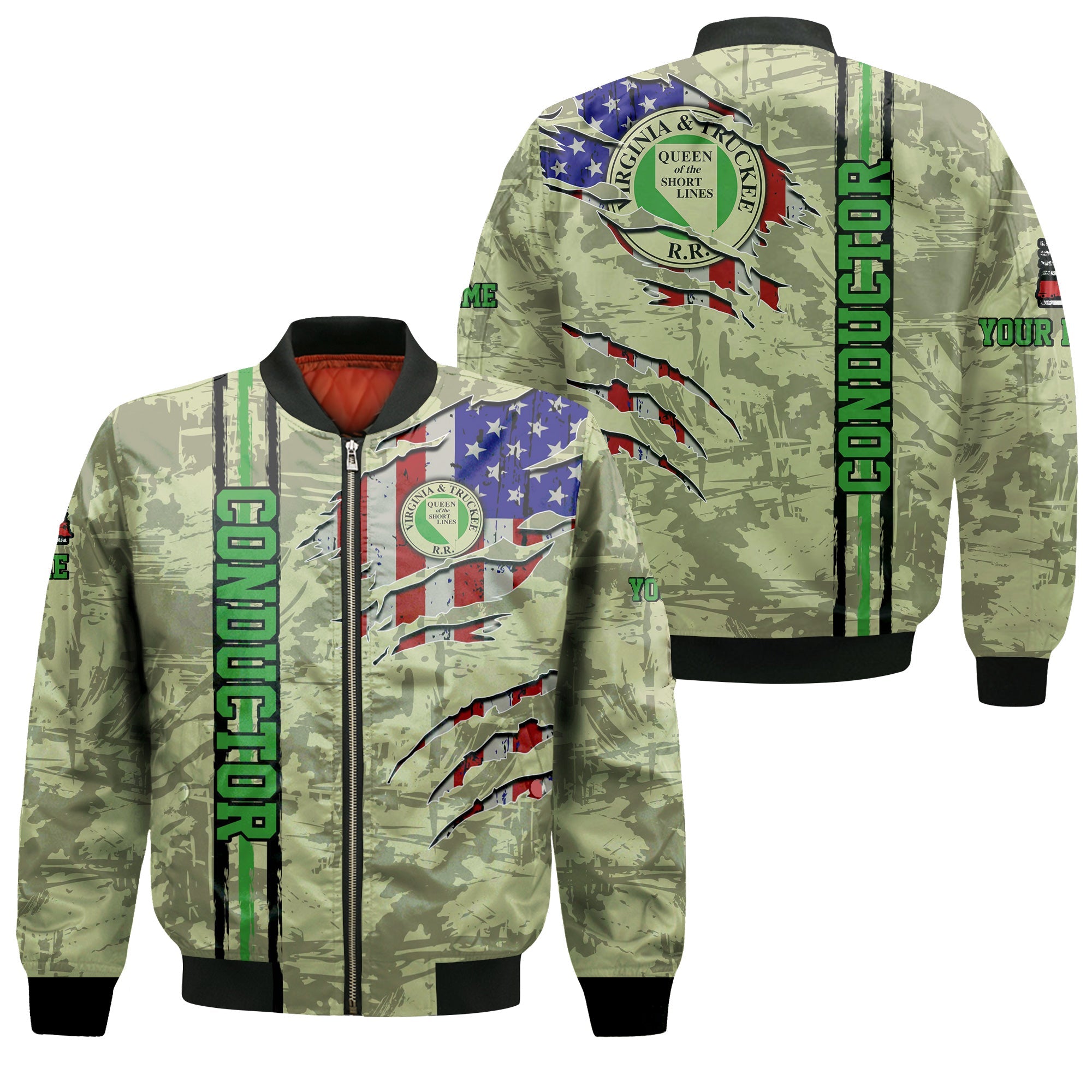 Railspirit Personalized Virginia & Truckee Railroad Bomber Jacket USA Flag Claw Art with Custom Job Train Jacket