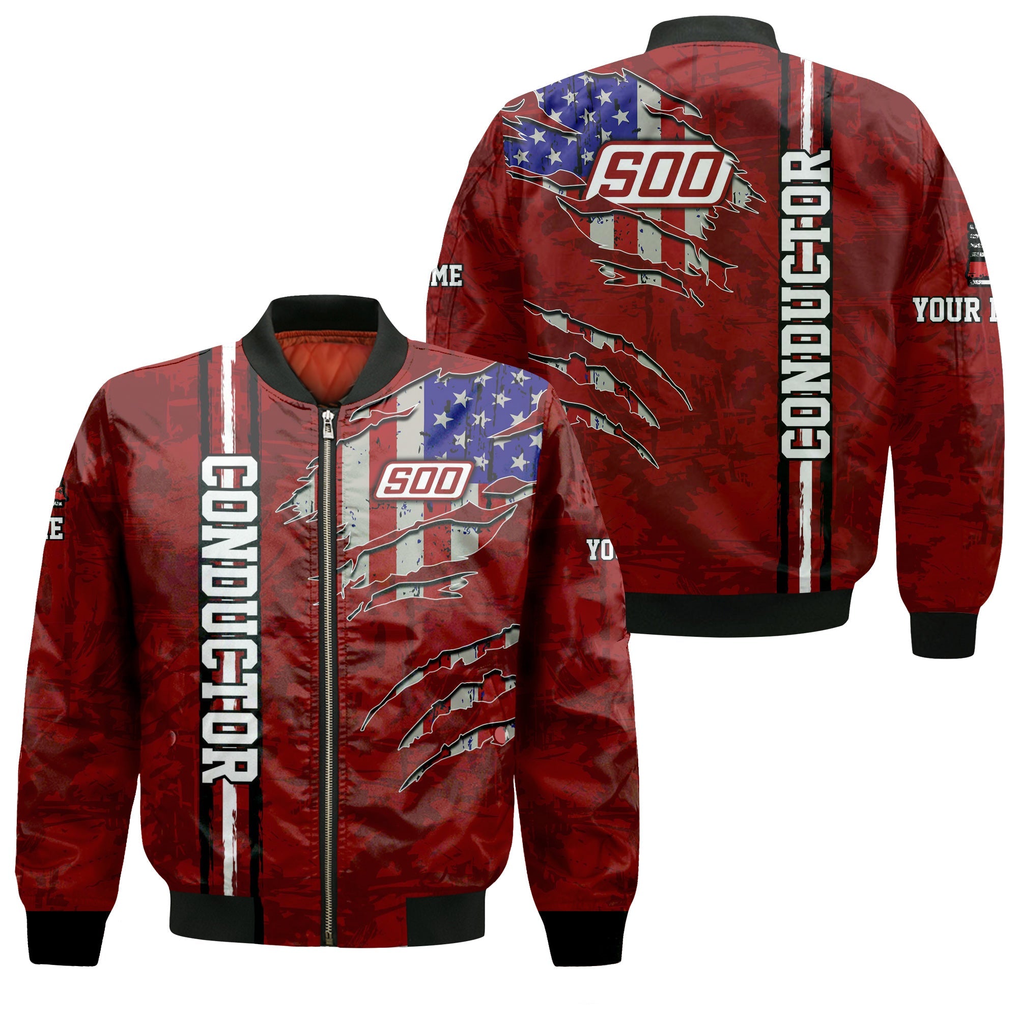 Railspirit Personalized Soo Line Railroad Bomber Jacket USA Flag Claw Art with Custom Job Train Jacket