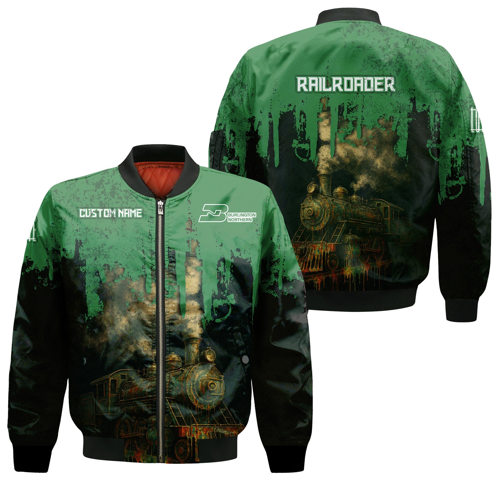 Railspirit Personalized Burlington Northern Railroad Bomber Jacket Vintage Train Art Style Bomber For Locomotive Fans