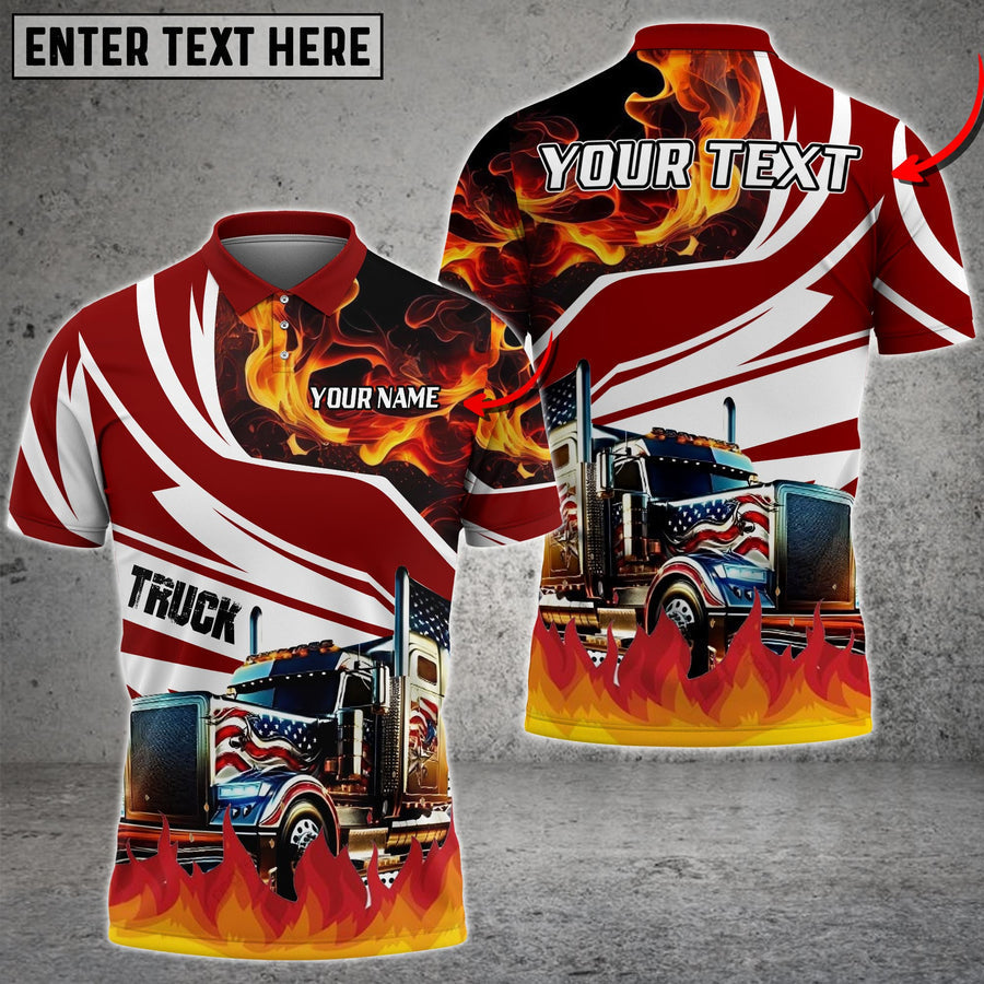 Personalized Name Truck Flame U.S Flag Pattern Shirt, Gift For Truck Driver, Truck Flag Polo Shirt