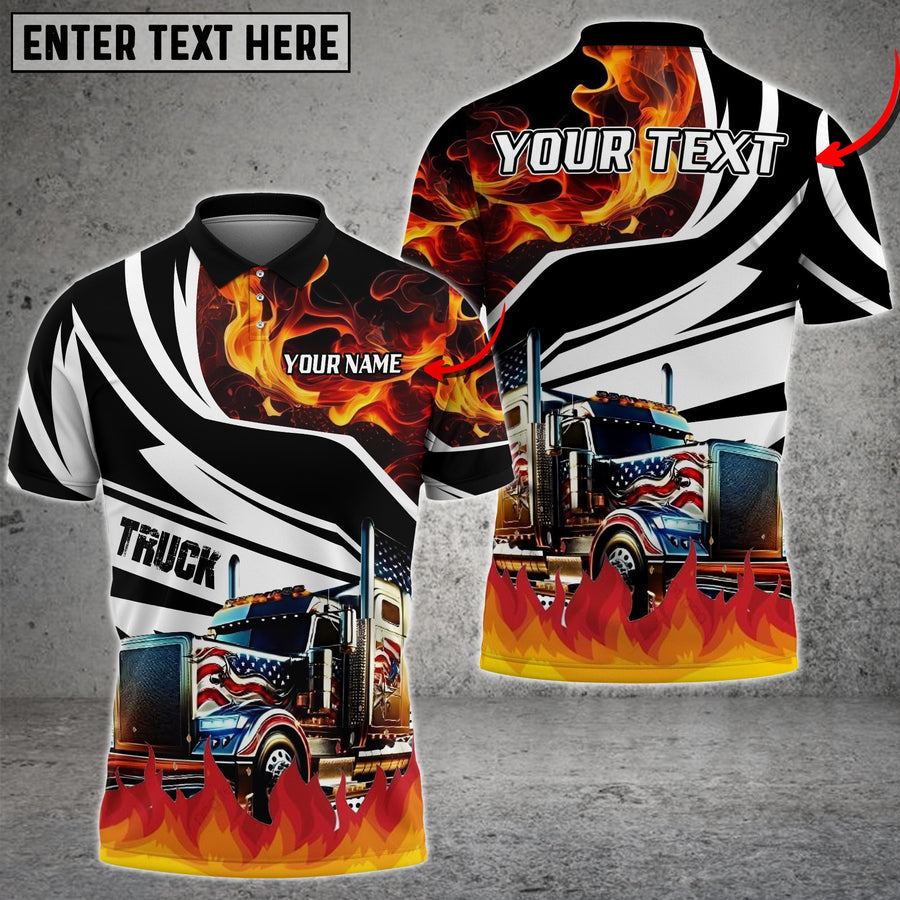 Personalized Name Truck Flame U.S Flag Pattern Shirt, Gift For Truck Driver, Truck Flag Polo Shirt