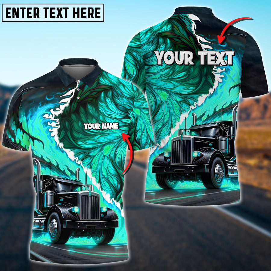 Personalized Name 3D Polo Shirt, Truck Flame Wings Pattern Multicolor, For Truck Driver, Gift For Men
