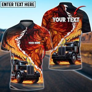 Personalized Name 3D Polo Shirt, Truck Flame Wings Pattern Multicolor, For Truck Driver, Gift For Men