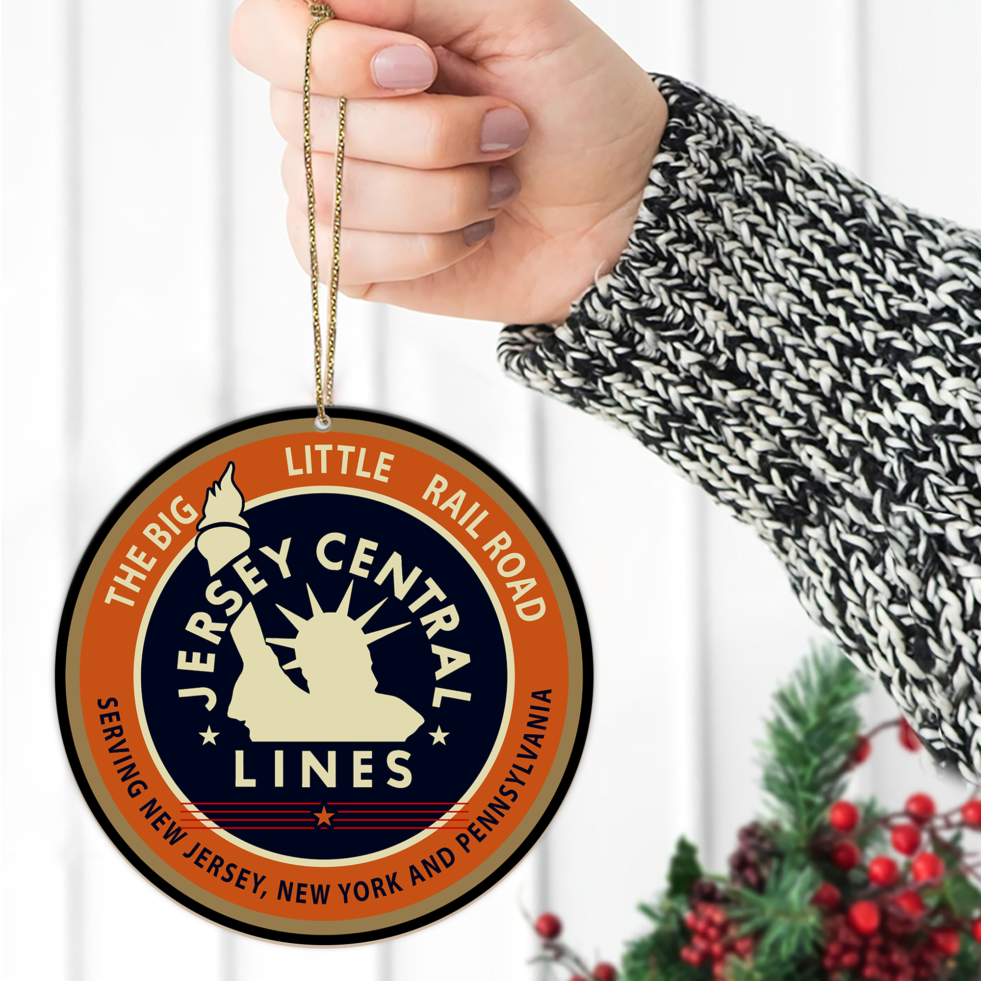 Jersey Central Railroad Ornament, Vintage Train Logo Round Christmas Tree Decoration for Railway Enthusiasts