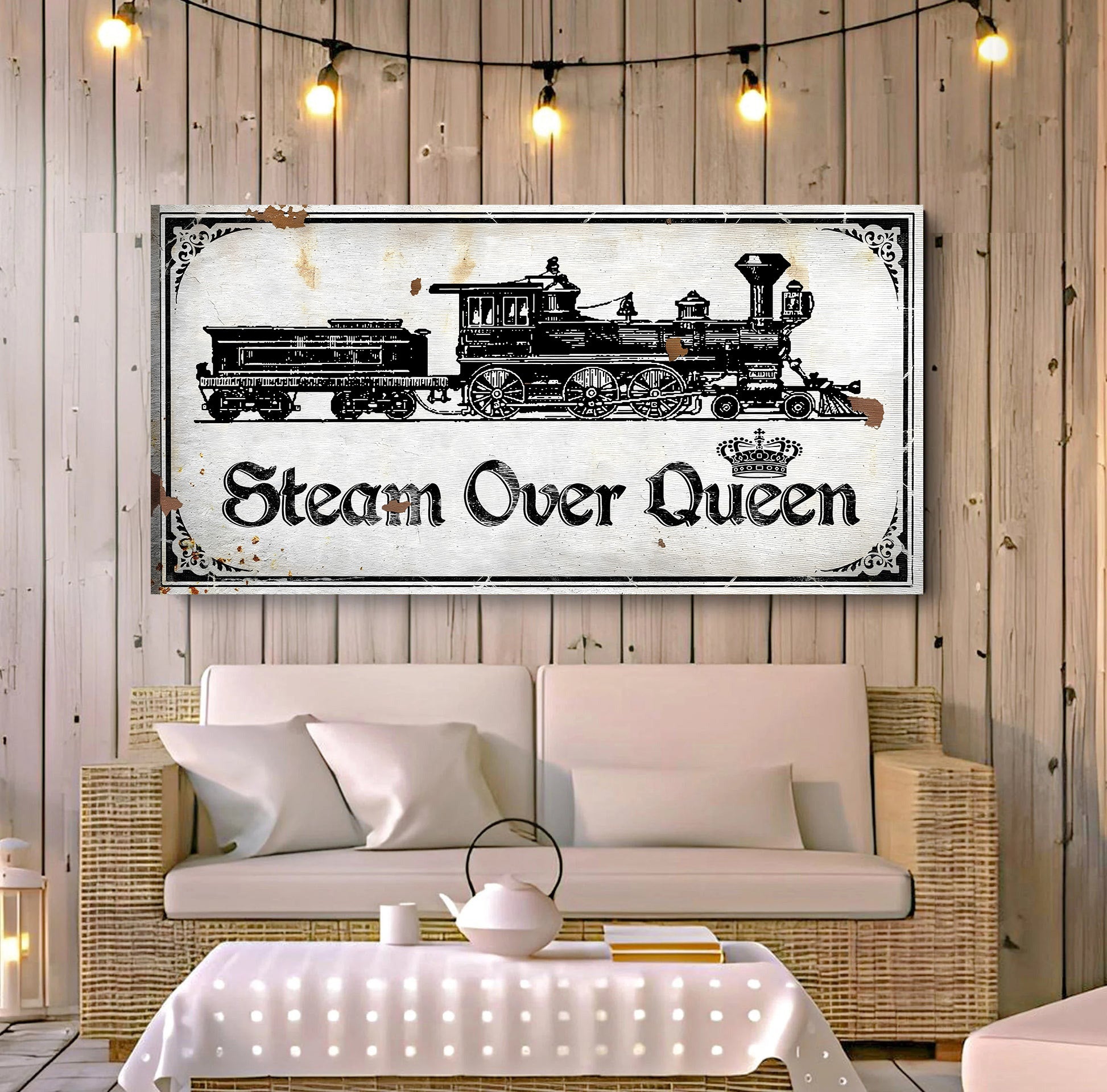 Railspirit Vintage Long Tail Canvas Steam Over Queen Rusty Home Decor for Train Lovers