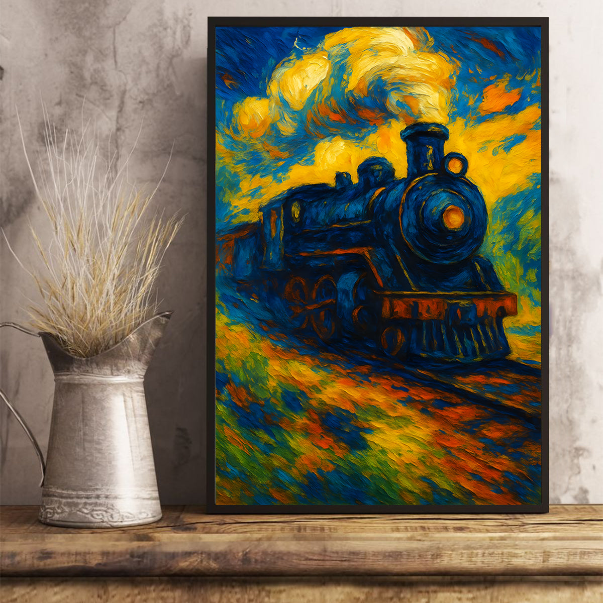 Railspirit Long Tail Canvas Vintage Locomotive Train Colorful Art Style Room Home Decor for Train Lovers