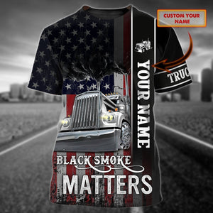 Custom Trucker T Shirt, Black Smock Matters American Flag Pattern Shirt For Truck Drivers